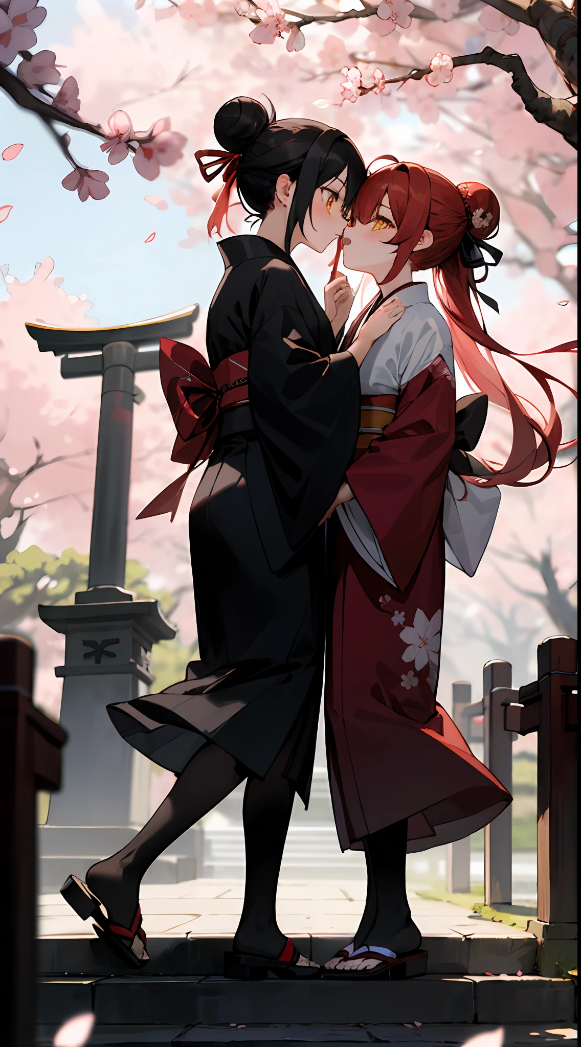 ((masterpiece, best quality)), ((2girls kissing passionately)), black kimono, black legwear, black ribbon, black hair, cherry blossoms, day, flower, hair bun, hair ribbon, japanese clothes, kimono, long hair, Obi, Outdoor, red eyes, red hair, ribbon, sandals, single hair bun, stairs, standing, statue, torii, tree, white kimono, yellow eyes