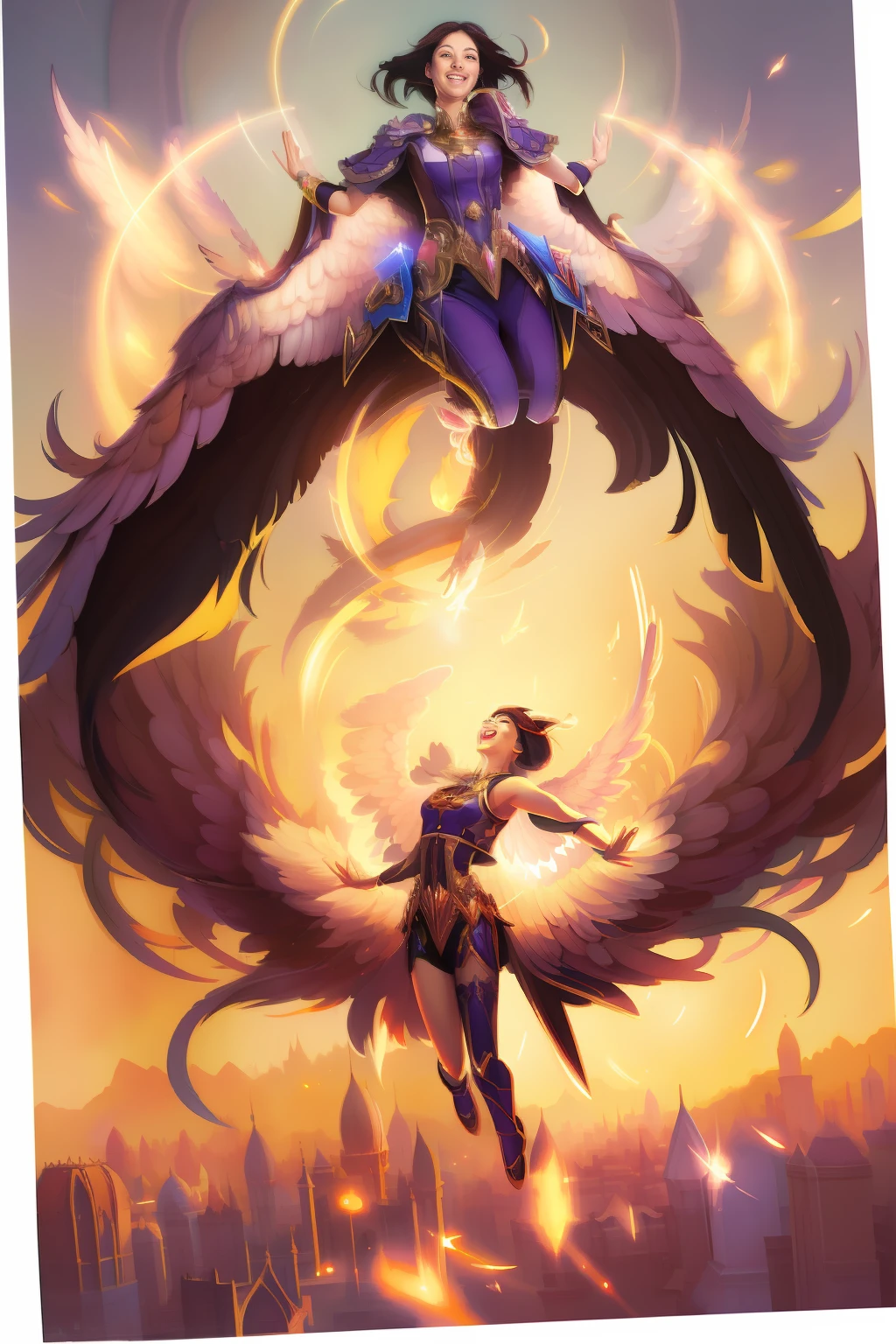 Painting of a woman flying through the air with wings in the air, RHADS and Lois van Baarle, concept art | Rhods, Rob Rey, Artgerm and Atey Ghailan, Alena Aenami and Artgerm, 2 Angels, Wlop and Rhods, Ross Tran and Michael Whelan, by RHADS, Mantle and Tunica Angels, expressions of enlightenment and joy.