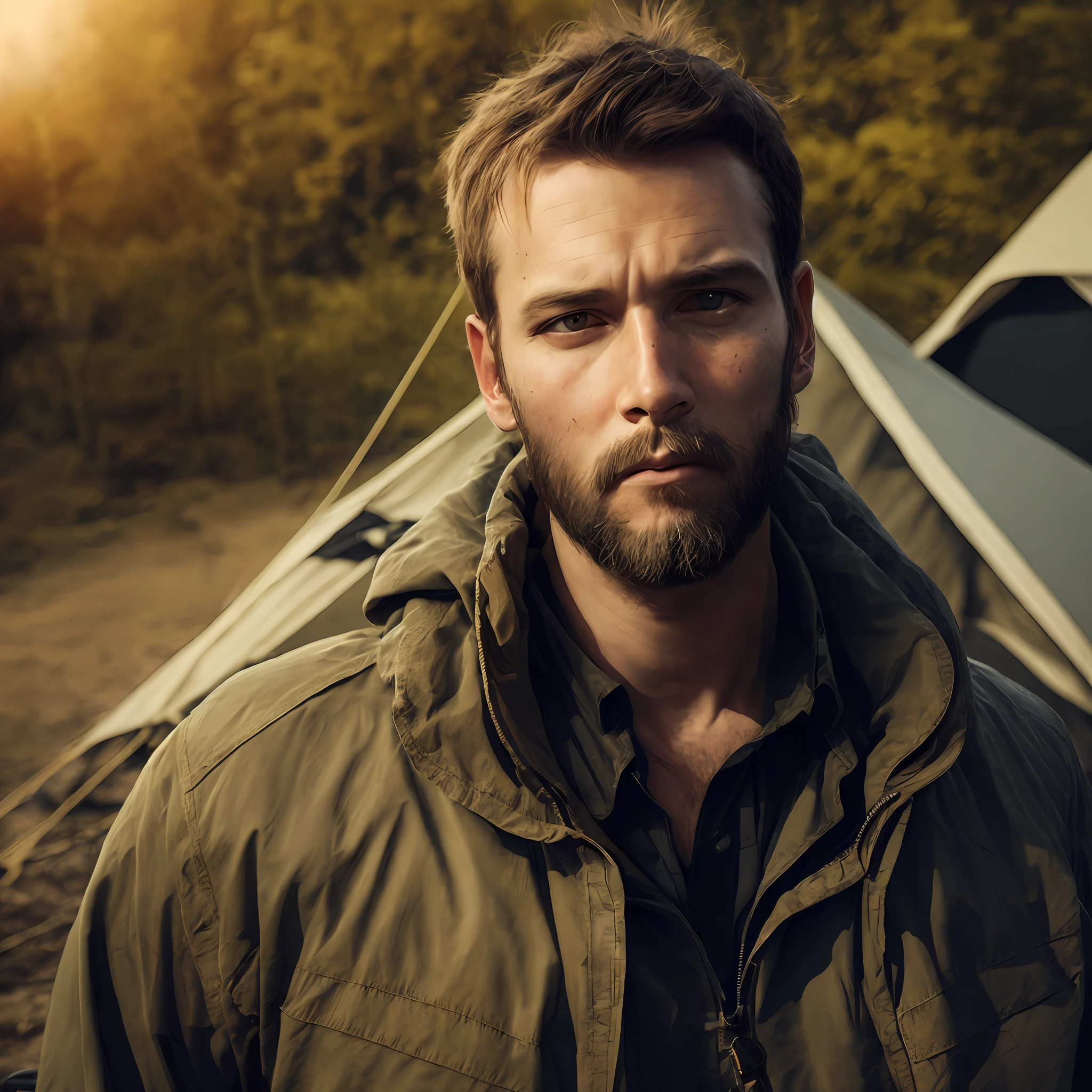 facial portrait, man in camping clothes, post-apocalyptic, dramatic light --auto