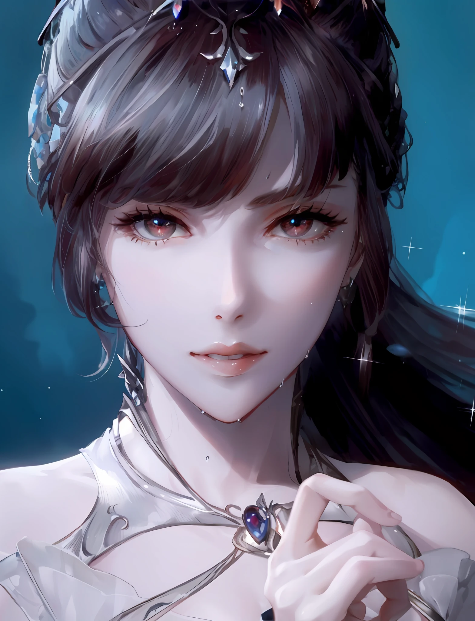 (simple hands:0.5)+(detailed hands:0.7), (masterwork), (best quality), white hair, red eyes,1girl, pale skin, white hair, red eyes, two tone hair, eyelashes, bracelet, jewelry, smile, gleaming skin, shiny hair, detailed and majestic stage, Fantasy, Long Hair, 1 girl, two-tone hair, night sky, Incredibly detailed CG illustration masterpiece, looking at you, anime, beautiful anime eyes, beautiful detailed eyes, eyes, glittering eyes, red eyes, galaxy, nebula, (full body), (curvy), POV, wet neckline, (thick thighs), 4k hd, ultra realistic, perfect body, perfect lips, perfect nose, perfect eyes, Nice belly detailed, see through clothes, legs open, looking at the viewer, dress, elegant dress, Soft Dress, Long dress,