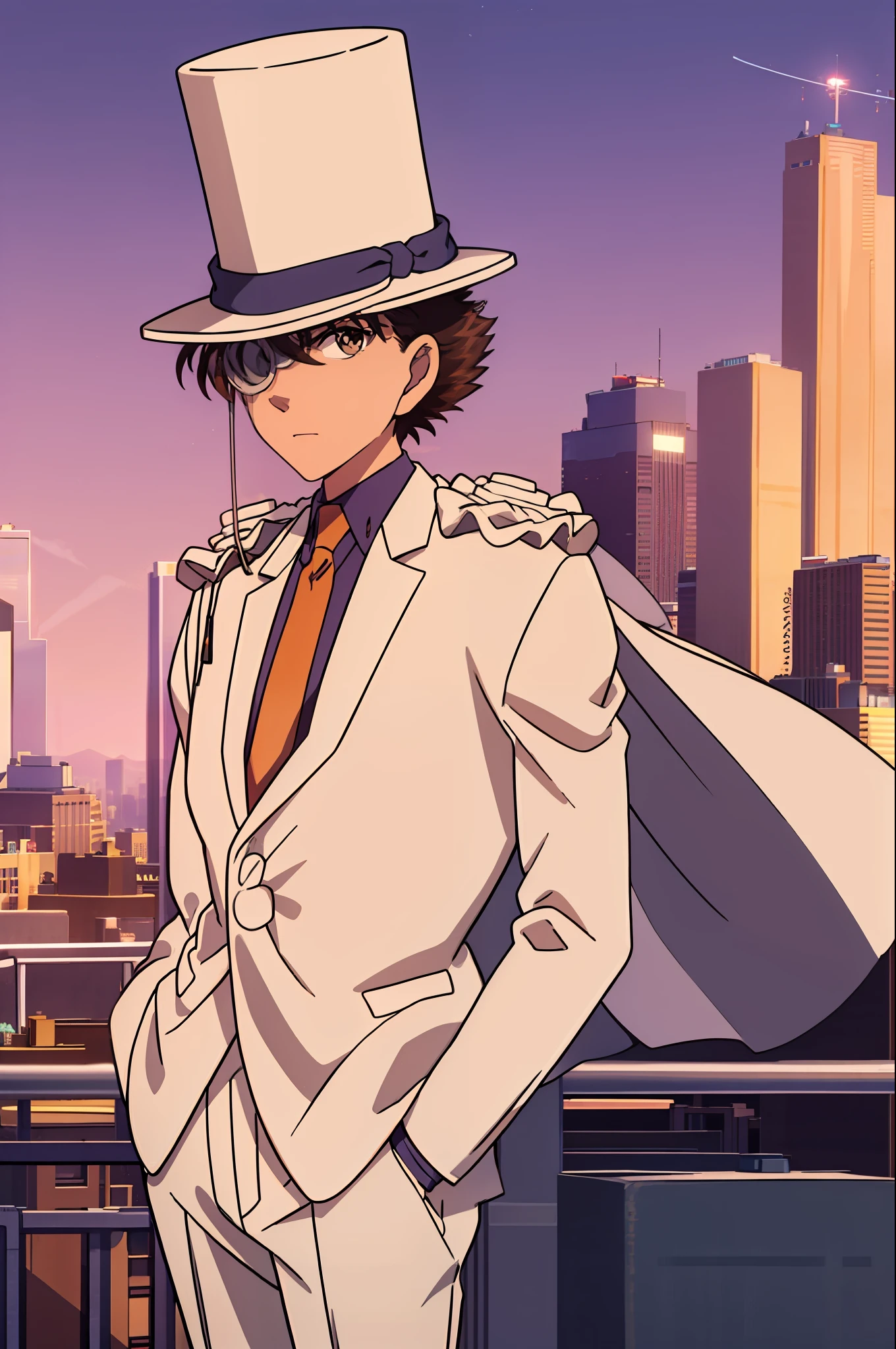 masterpiece, best quality, 1boy, solo, white suit, white cape, top hat, monocle, red necktie, blue shirt, white gloves, standing, night sky, city, sunset, sky scrapers, bridge, black, red, orange, brown, autumn, haze,looking at viewer