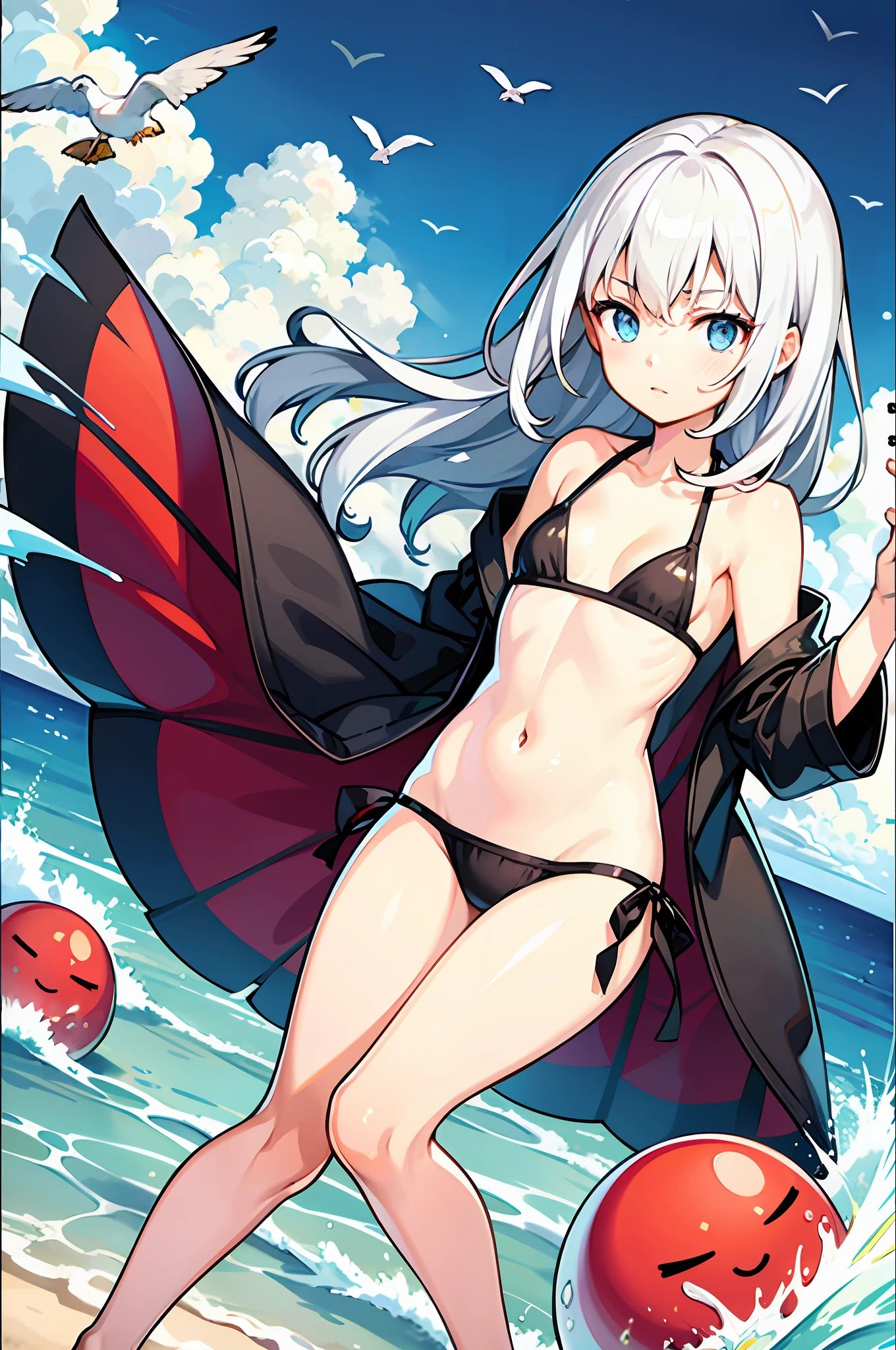 1girl, , ocean, bikini, urine, seagull, flat chest, white hair, high quality, high resolution, dull hair, blue eyes