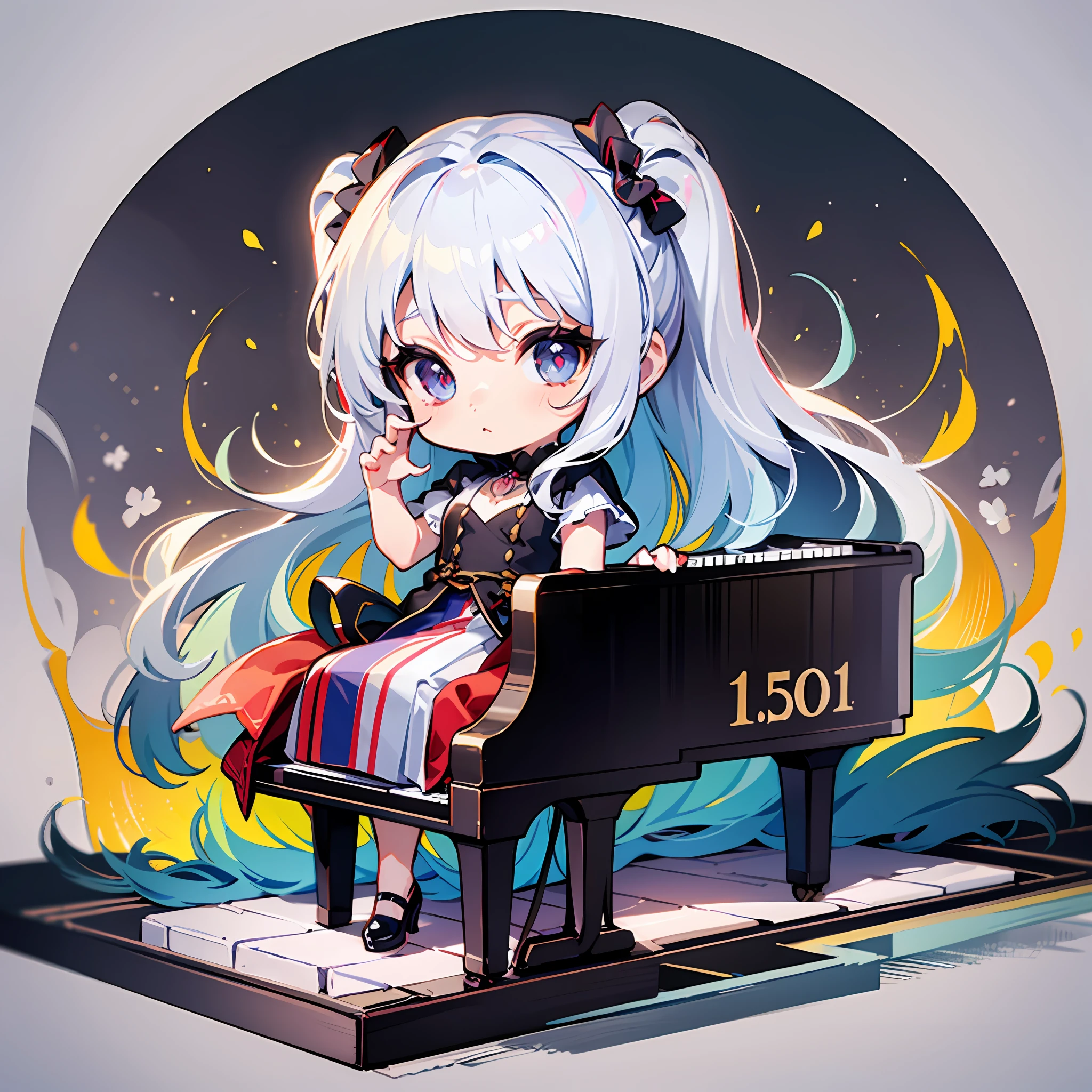 ((Sticker: 1.5))), ((Chibi character)), (white background), Fluffy, Girl, Beethoven, Pianist Costume, Mini Piano, Piano Playing Pose, Chibi Chara, Full Body, White Hair, Pastel Hair, Fairy Tale, Fantastic, T-shirt Design, Masterpiece, Best Quality, 16k