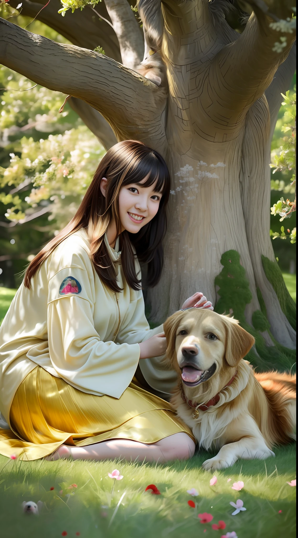 Girl and dog, girl in textured gauze skirt, long hair youthful, golden retriever sitting on lawn, big tree in the distance, happy, smiling, high resolution