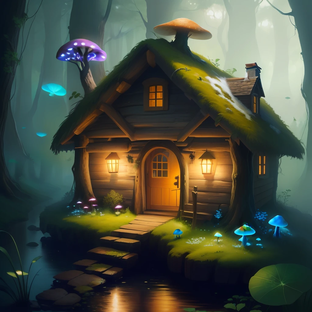 House in the forest, next to a little girl picking mushrooms
