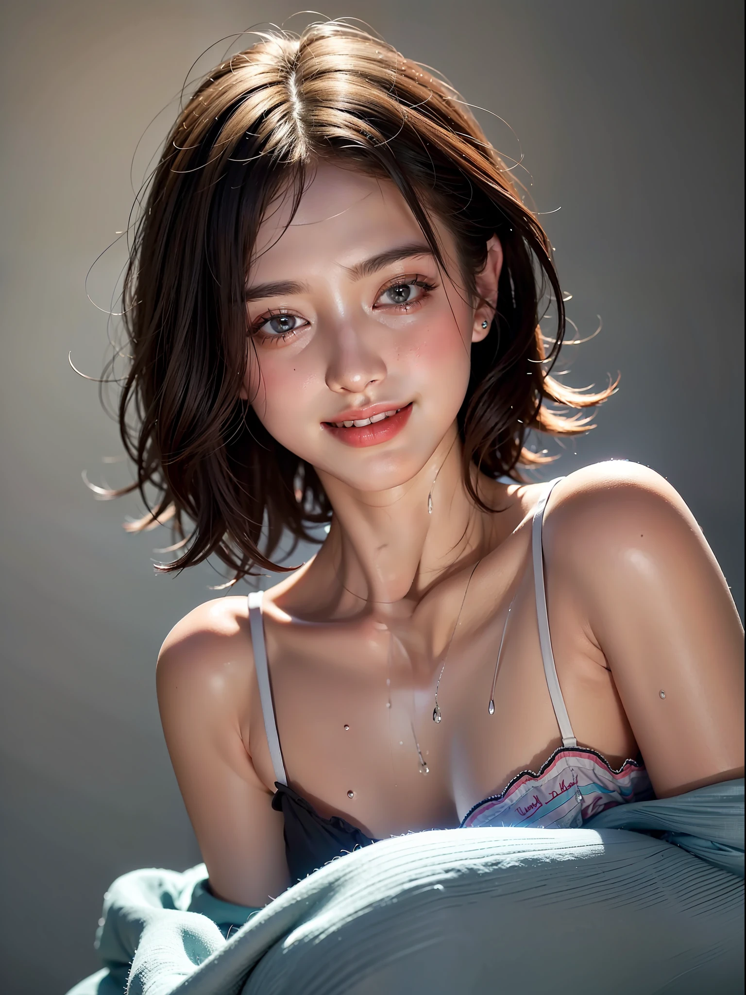 Best quality, masterpiece, ultra high res, (photorealistic:1.4), raw photo, 1girl, offshoulder, in the dark, deep shadow, low key, cold light,short hair, wet hair, cute smile, 20 years old, small bust