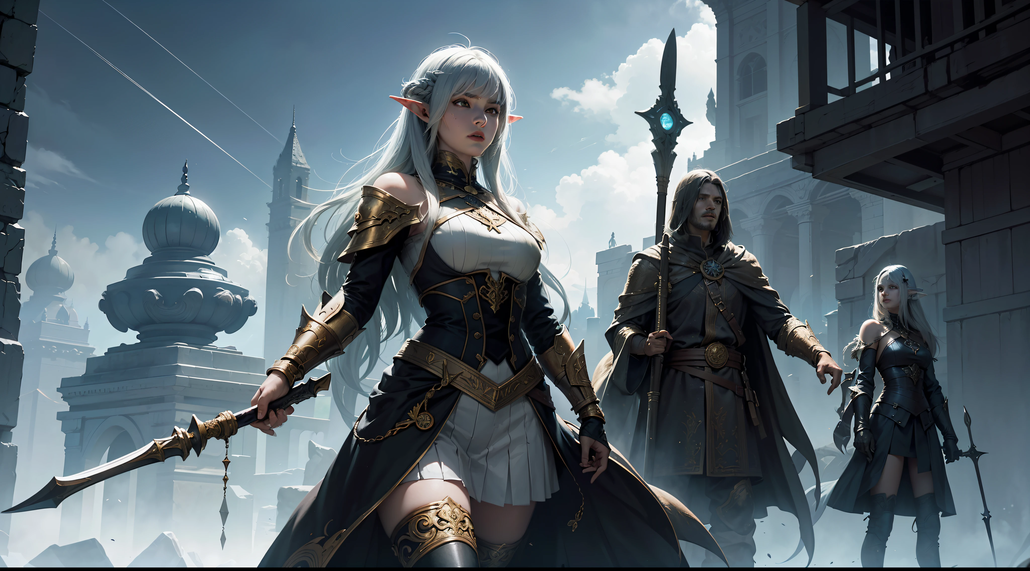 ((Best quality)), ((masterpiece)), (highly detailed:1.3)3D,tanjoreai , Amidst a realm of enchantment and mythical wonders, tales of (heroes:1.1) and (heroines:1.2) unfold. In this realm, ancient prophecies foretell the rise of a chosen champion destined to confront a malevolent force threatening to plunge the world into eternal darkness. The path to victory lies scattered across exotic and otherworldly landscapes, from mist-shrouded forests to towering crystalline peaks and (ethereal floating islands:1.1).Harnessing the arcane arts, (mighty wizards:1.1) conjure spells that weave intricate patterns of magic, while (elven archers:1.1) unleash arrows infused with ancient power. (Dwarven smiths craft legendary weapons:1.1) imbued with the essence of mythical creatures, capable of vanquishing even the most formidable foes.The heroes embark on a perilous quest, guided by ancient scrolls and cryptic riddles. Along their journey, they encounter wise mystics, shape-shifting creatures, and (mysterious sorceresses:1.1) who possess forbidden knowledge.As the heroes traverse the realms, ancient ruins and forgotten temples reveal long-lost secrets and powerful artifacts. The clash of steel and the crackling of (magical energies:1.1) echo through ancient battlegrounds, as the destiny of the world hangs in the balance. The heroes must summon unwavering courage, unwavering unity, and unlock their true potential to overcome seemingly insurmountable odds and fulfill their heroic destinies.In this realm of high fantasy, where the realms of magic and technology intertwine, where legends are born and (epic:1.2) sagas unfold, where heroes rise and villains fall, embark on a grand adventure that will captivate the imagination and transport you to a world where anything is possible,HDR (High Dynamic Range),Ray Tracing,NVIDIA RTX,Super-Resolution,Unreal 5,Subsurface scattering,PBR Texturing,Post-processing,Anisotropic Filtering,Depth-of-field,Maximum clarity and sharpness,Multi-layered textures,Albedo and Specular maps,Surface shading,Accurate simulation of light-material interaction,Perfect proportions,Octane Render,Two-tone lighting,Low ISO,White balance,Rule of thirds,Wide aperature,8K RAW,Efficient Sub-Pixel,sub-pixel convolution,luminescent particles,