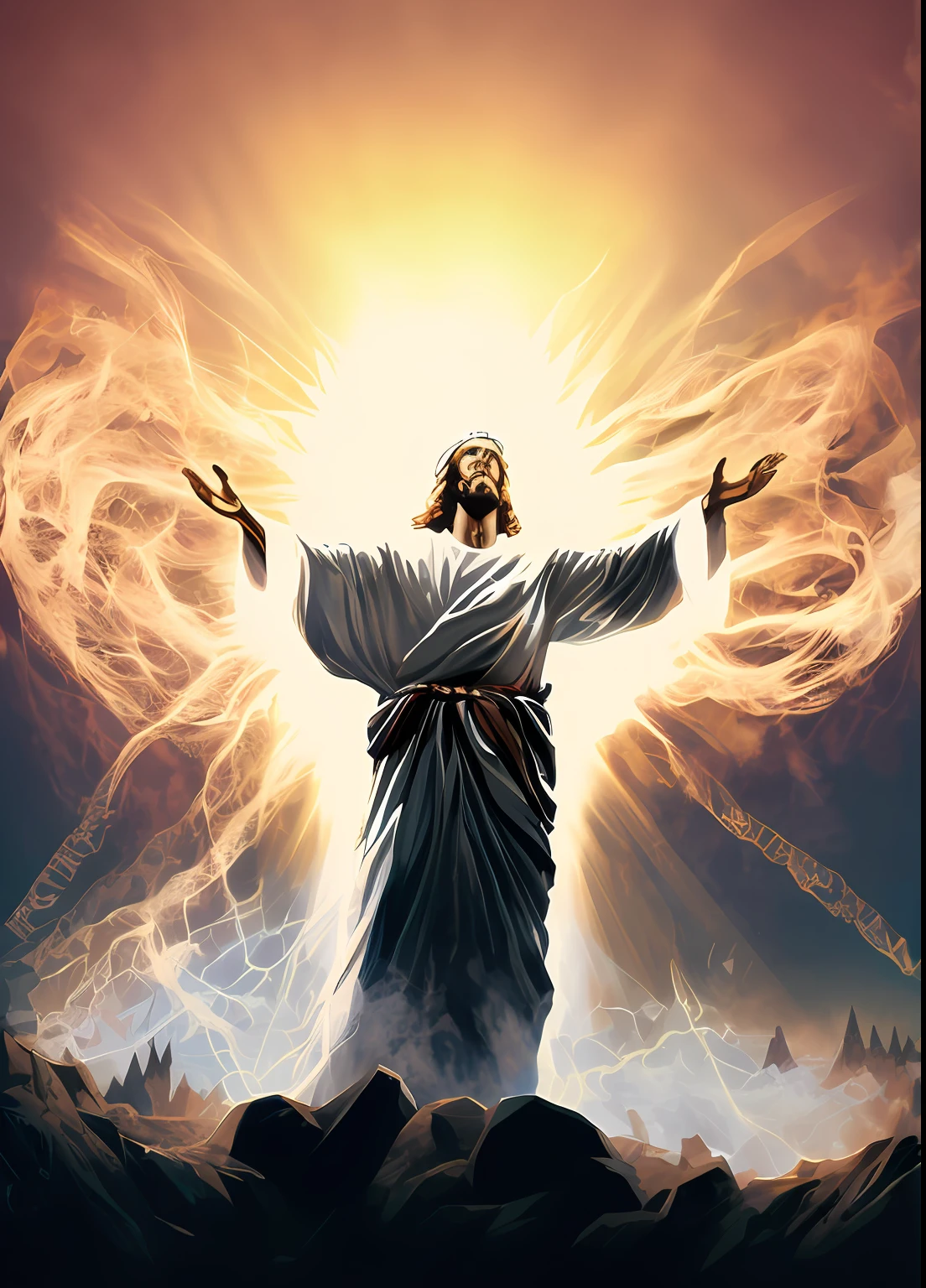 arafed image of a man with a halo and arms outstretched, jesus christ, holy energy, the lord and savior, holy sacred light rays, second coming, jesus christ in mass effect, glowing god rays, ascension, god sun rays, bible illustration, tron legacy jesus christ, epic biblical depiction, awesome, he is greeting you warmly, jesus, amazing