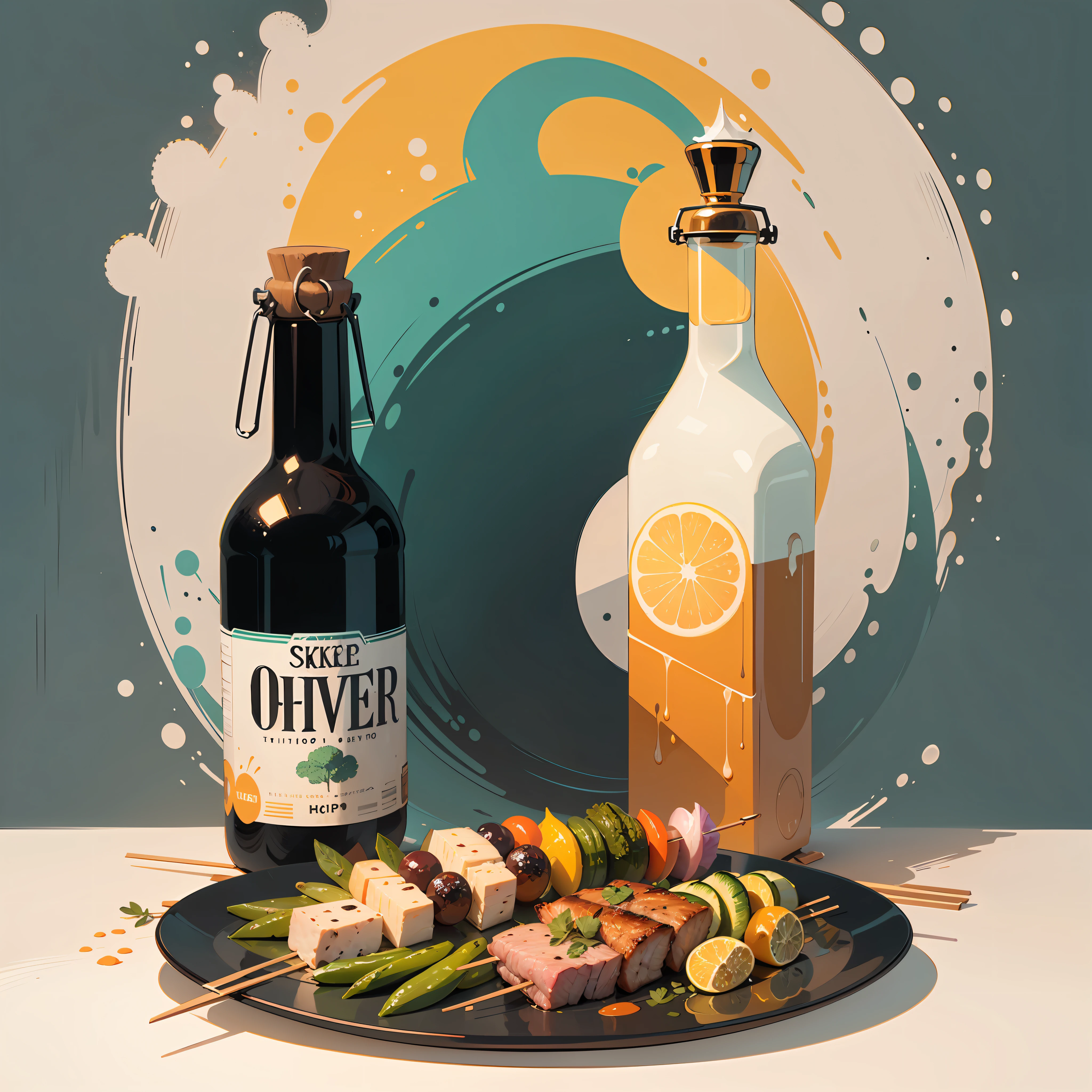 Imagine flat illustration, just one dish in the foreground and on the plate only two skewers of juicy vegetables and a skewer of juicy meat.. And seen in the background, off the plate, a bottle of olive oil, a glass of beer and a black pepper grinder, warm color, bright background, flat illustration, , attractive, beautiful, concept art, pop-art style, cheerful, colorful, interesting