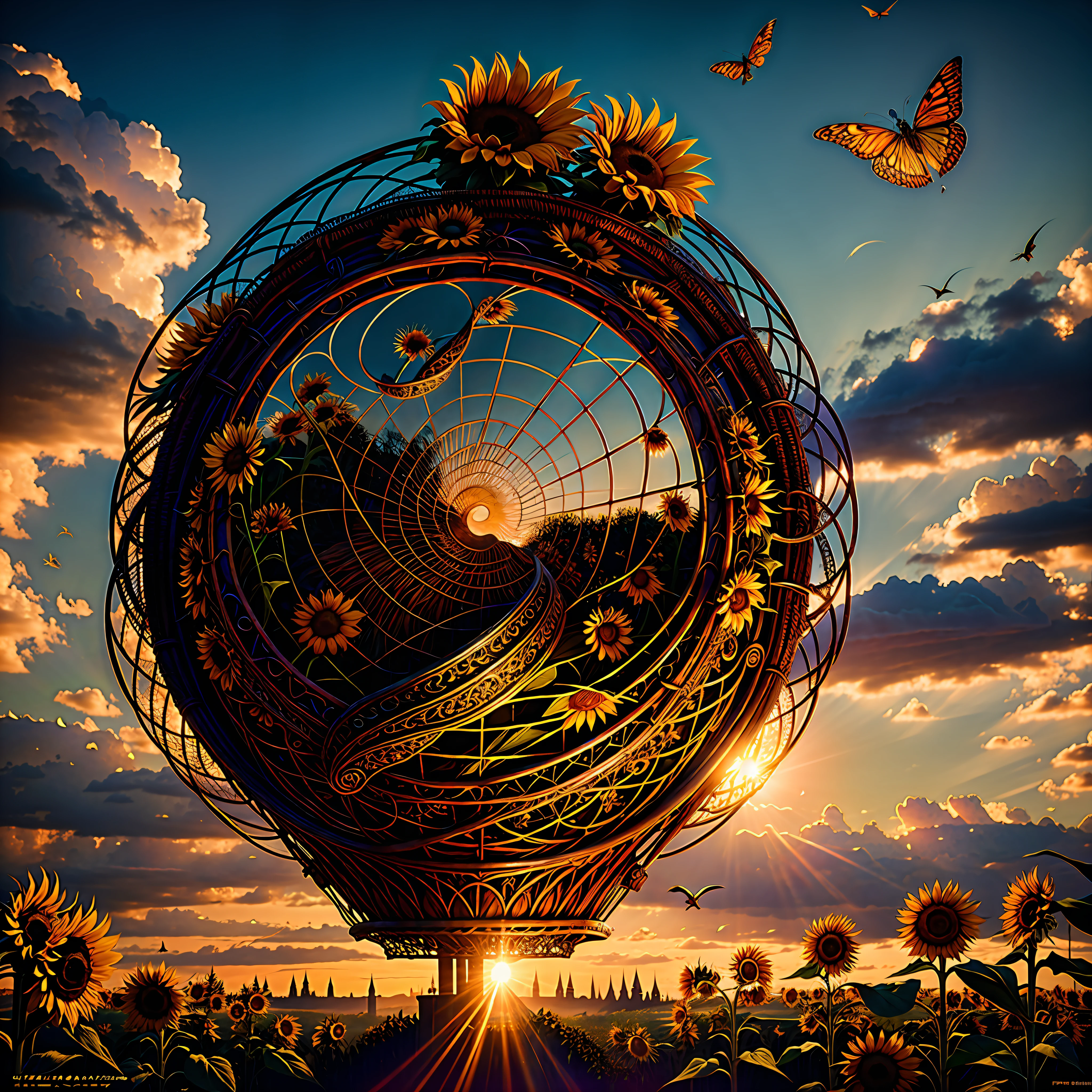 wide angle graffiti of a peasant woman holding a basket from which (thousands of sunflowers) flying and falling from the sky, (swirl of sunflowers) emerging from a peasant woman's basket, grotesque, ful body shot, cinematic lighting, high resolution, insane details, intricate details, hyperdetailed intricately detailed ultra realistic art trending on Artstation triadic colors Unreal Engine 5 detailed matte painting, deep color, fantastical, intricate detail, splash screen, complementary colors, fantasy concept art, 8k resolution, ultra realistic deviantart masterpiece, (dark shot:0.9), soft cinematic light, adobe lightroom, photolab, hdr, intricate, highly detailed, eonn2, mdjrny-grfft, dmmid style