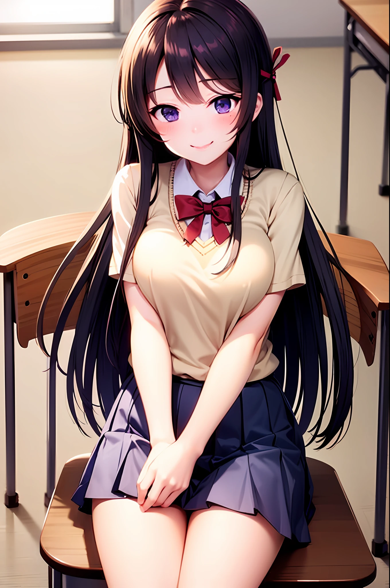 school uniform, medium breasts, best quality, long hair, red ribbon hair, masterpiece, highlight, best quality, blush, shy smile, sexy pose, interior, chair, classroom, window, pleated skirt, stockings