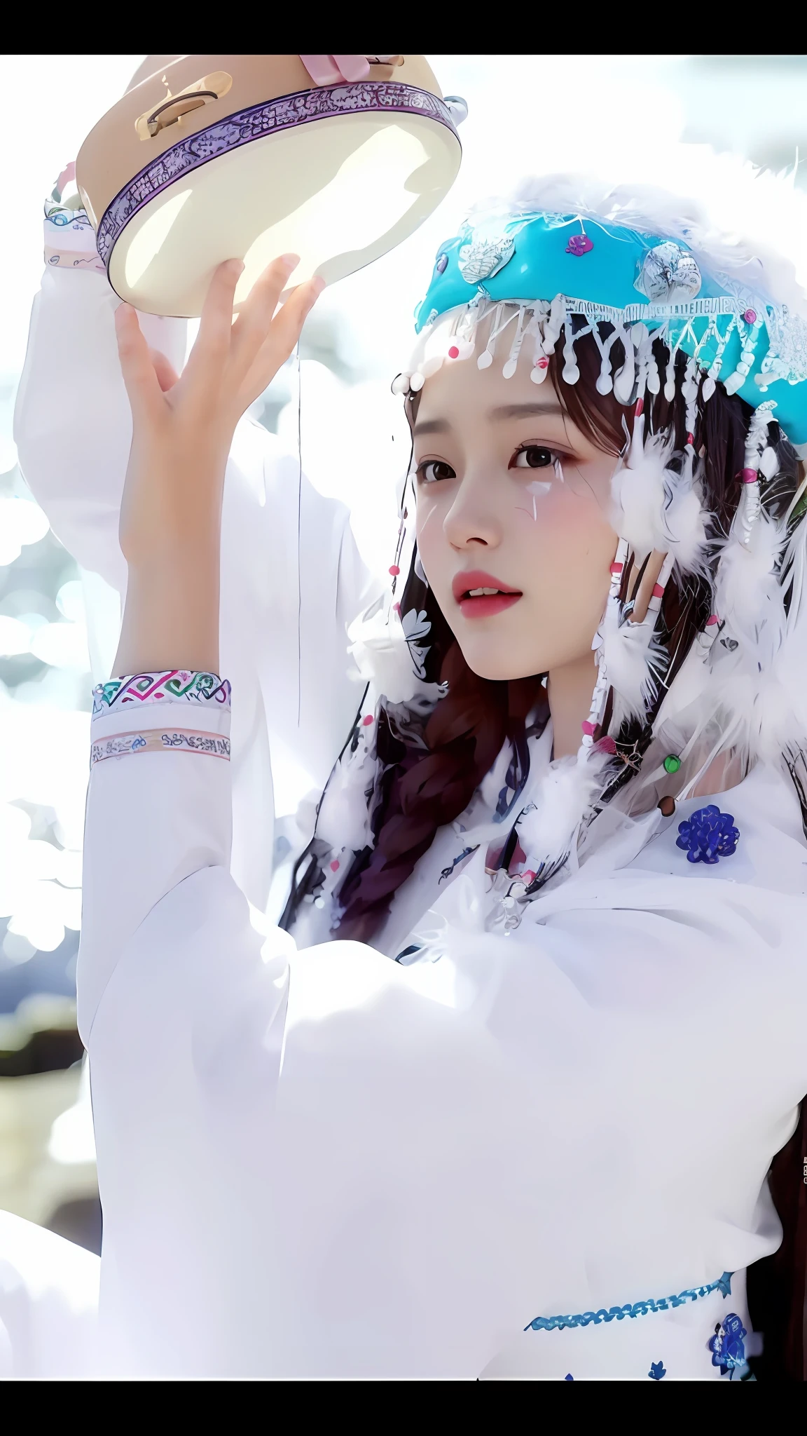 araffe woman in a white dress and a hat with feathers, aesthetic!!!!!! female genie, beautiful young wind spirit, ruan jia beautiful!, inspired by Huang Ji, white hanfu, inspired by Song Maojin, palace , a girl in hanfu, inspired by Lü Ji, dilraba dilmurat, inspired by Shao Mi, beautiful south korean woman