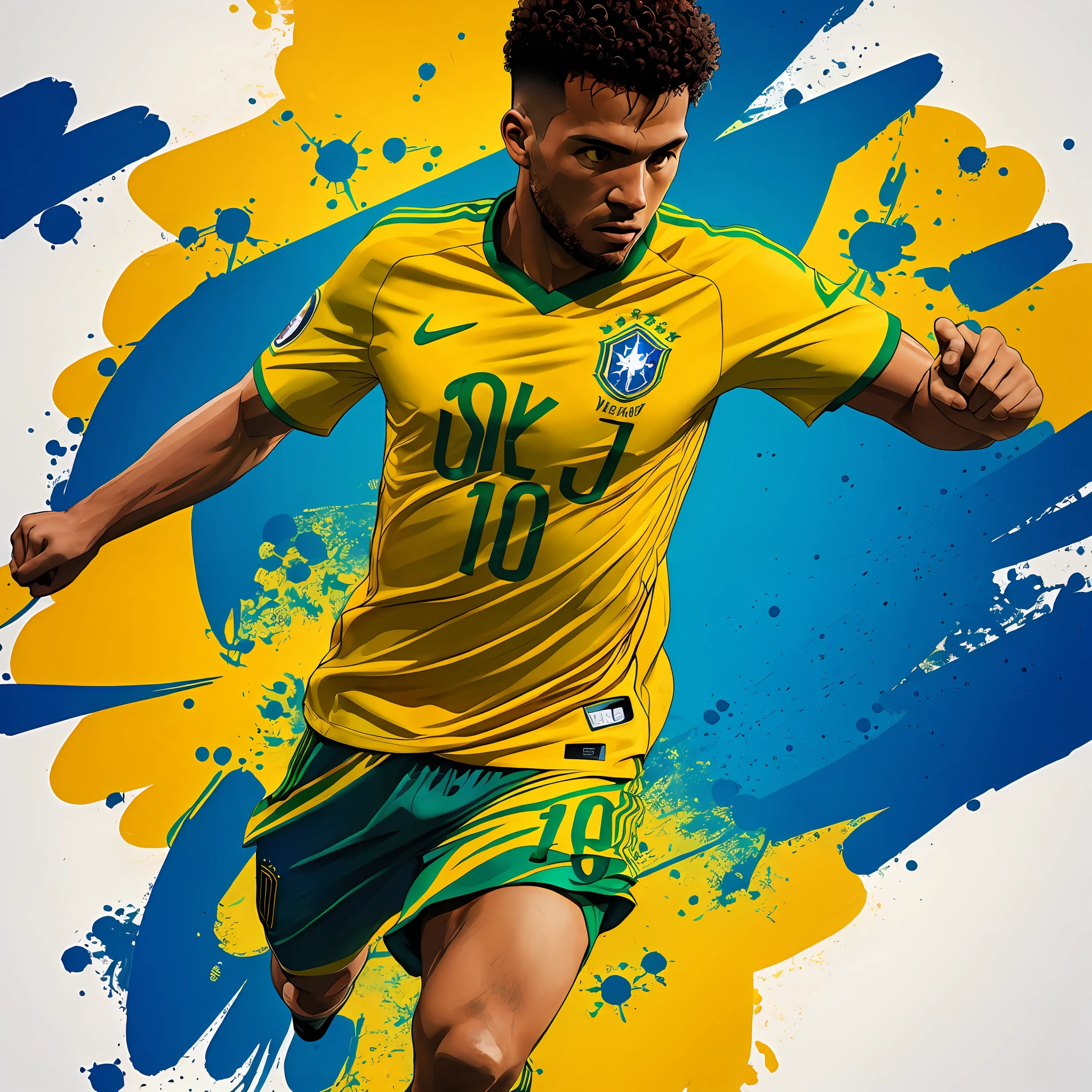 Create a shirt print for a Brazilian soccer player that conveys a cinematic atmosphere. The image should be in high resolution (8K) and incorporate visual elements inspired by the world of cinema --auto