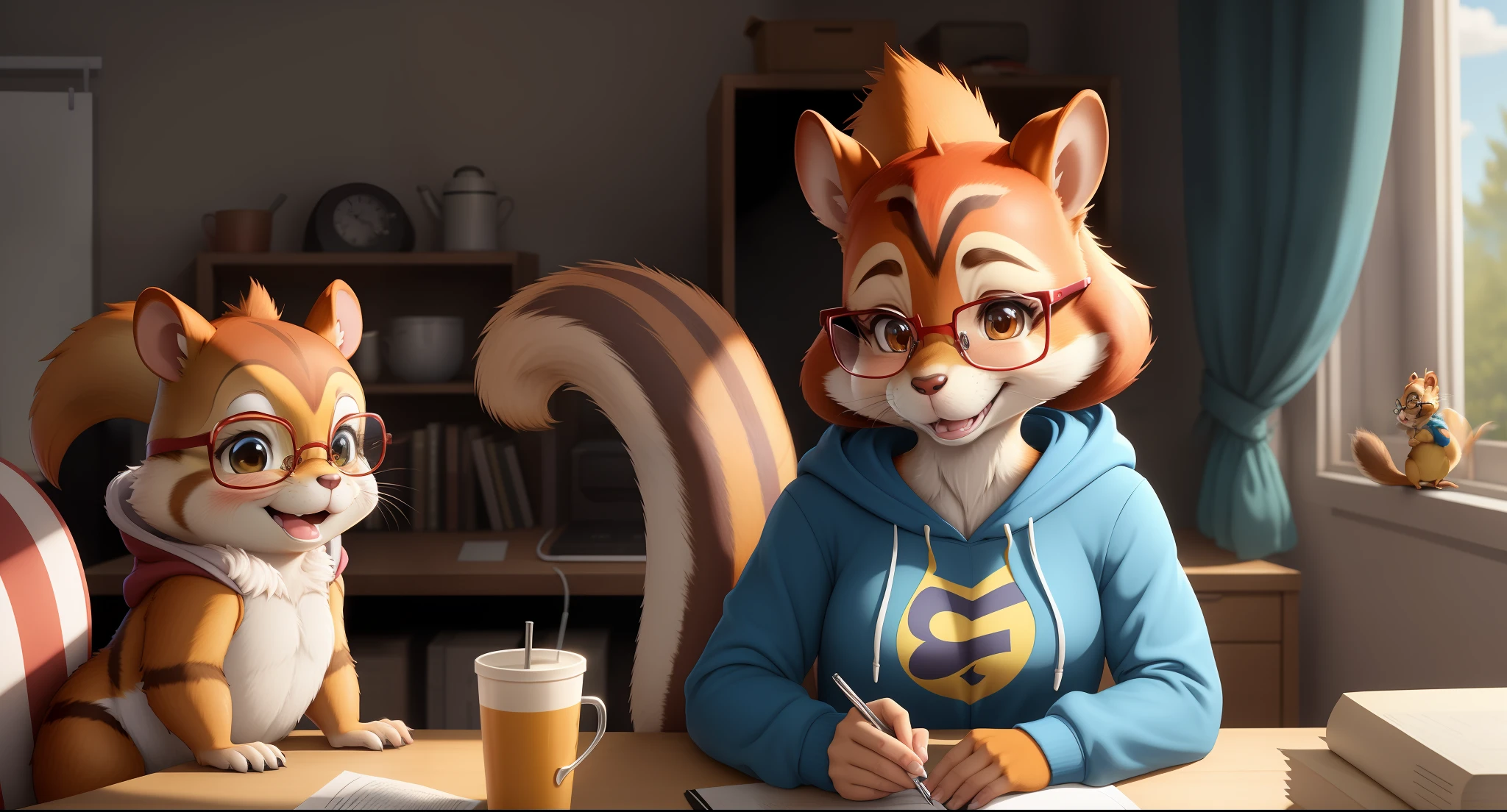 Anthro furry, furry, fursona, Jeanette Miller from Alvin and the chipmunks, Jeanette Miller, chipmunk, squirrel, ponytail, glasses, wearing hoodie