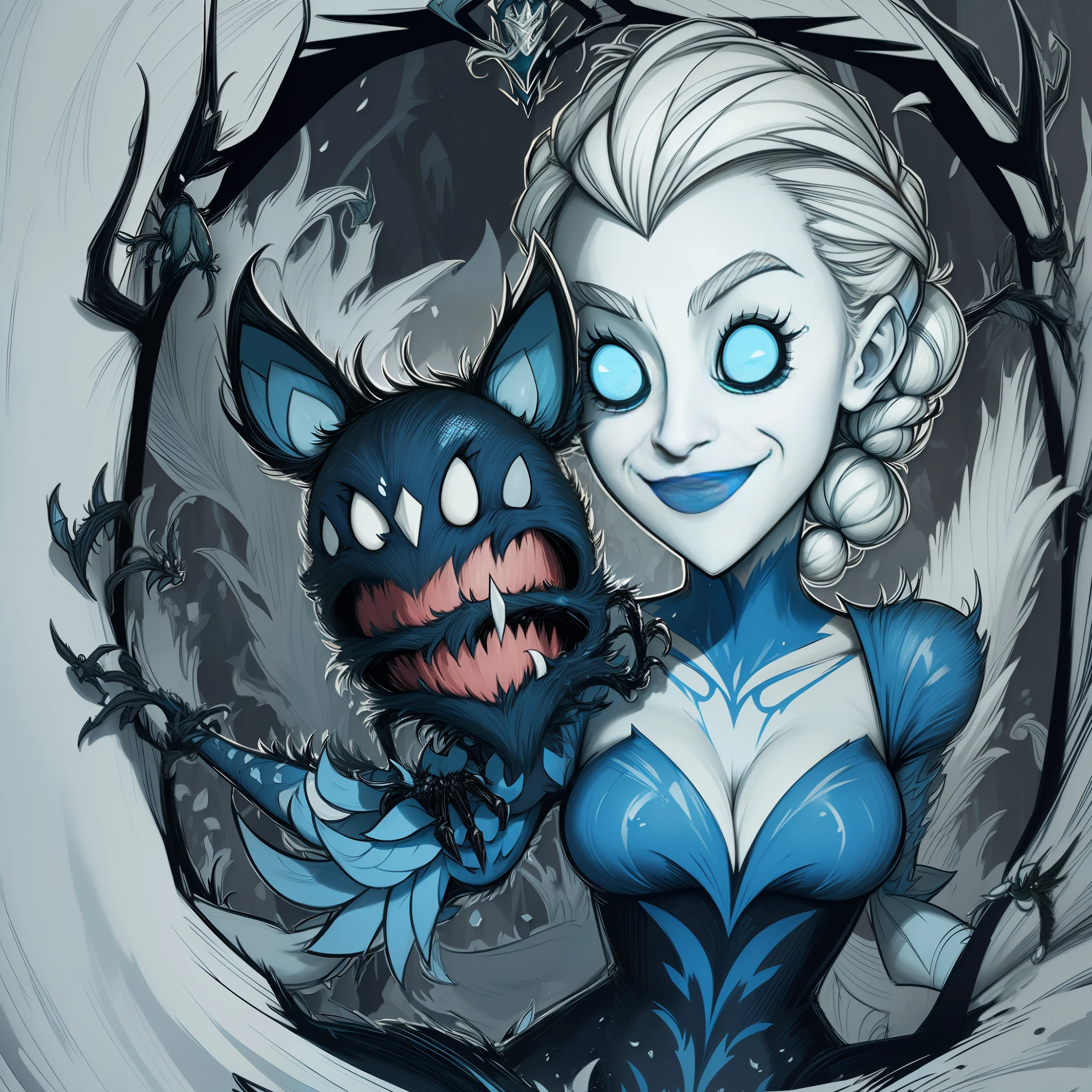 Domineering black dragon, close up, blue eyes, cute, transparent dress, Disney princess, white hair, red eyes, surrounded by spiders, smile, realistic skin texture, detailed sharp scales, colorful, fantasy art