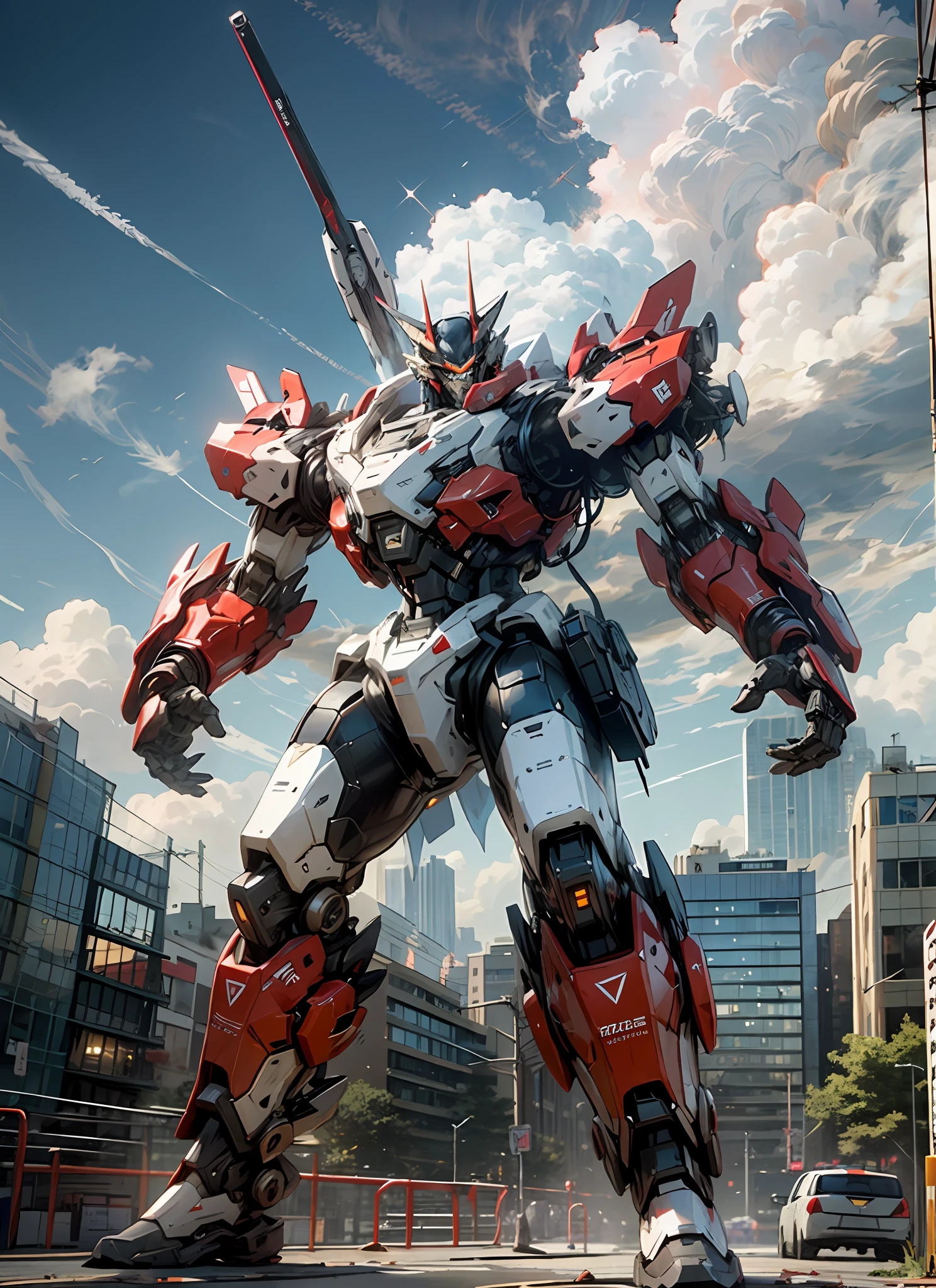 masterpiece, best quality, sky, clouds, holding_weapon, luminous, giant wolf king shaped robot, building, glowing_eyes, mecha, science_fiction, city, reality, mecha, red, full body, looking into the distance, --s2