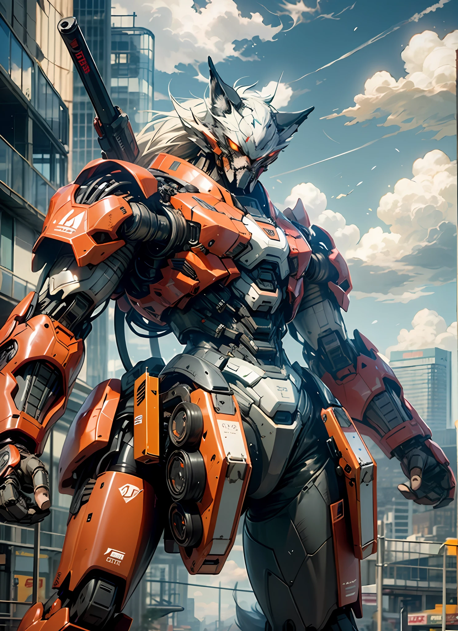 masterpiece, best quality, sky, clouds, holding_weapon, luminous, giant wolf king shaped robot, building, glowing_eyes, mecha, science_fiction, city, reality, mecha, red, full body, looking into the distance, --s2