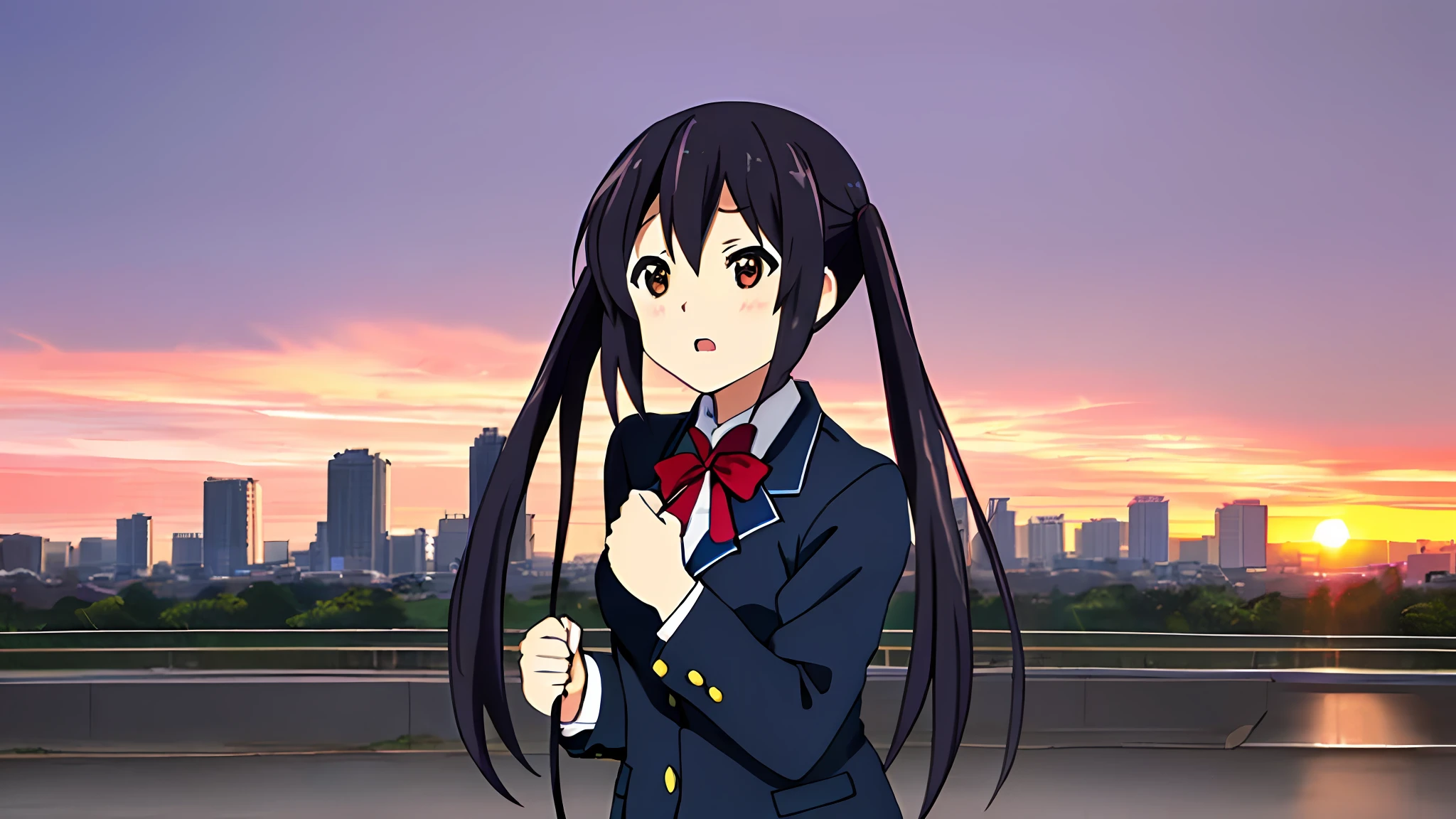 1girl, ((((Masterpiece))), Best Quality, Best Quality, High Detail, Azusa Nakano, 1girl, Sakuragaoka High School Uniform, Musical Instrument, School Uniform, Twin Tails, Long Hair, Black Hair, Brown Eyes, Solo, Red, Dark blue blazer with a thin ribbon of red, Solid white button shirt under blazer, Illustration, Cartoon, Soothing tones, Muted colors, Soft cinematic light, Adobe Lightroom, Photo Lab, HDR, complex and highly detailed, (((depth of field))))). (((Masterpiece))). (((highest quality))).) ((super detail))). (((Illustration))). (((Outside))). (((fighting stance))).,((((Giantization))).dynamic focus.small breasts. (((skyscrapers))). (((Cityscape))). (((Despair Face))). open mouth. (((Sunset))). (((Sunset))). (((clench fists))). (((Proud))). (((small breasts))).