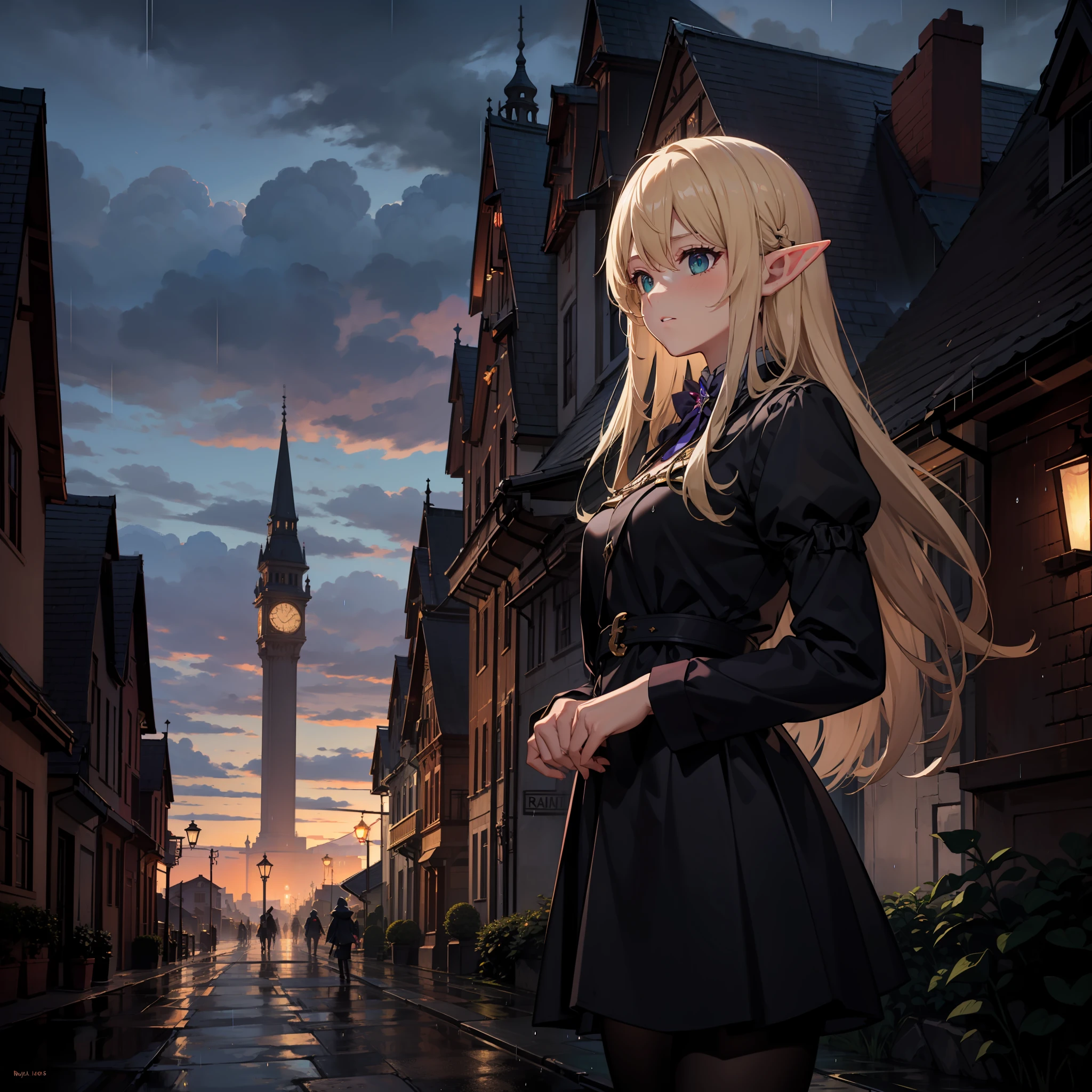 Divine Light, Sharp Focus, Elf, Elf Building, Elven City, Royal City, Stunning Landscape, Landscape, Landscape, Rain, Dark Fantasy, Suspense