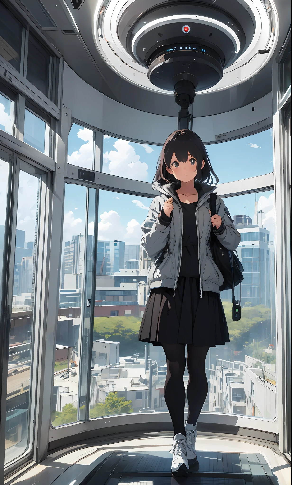 One girl, looking out at landscape from elevator, futuristic, big window, space elevator