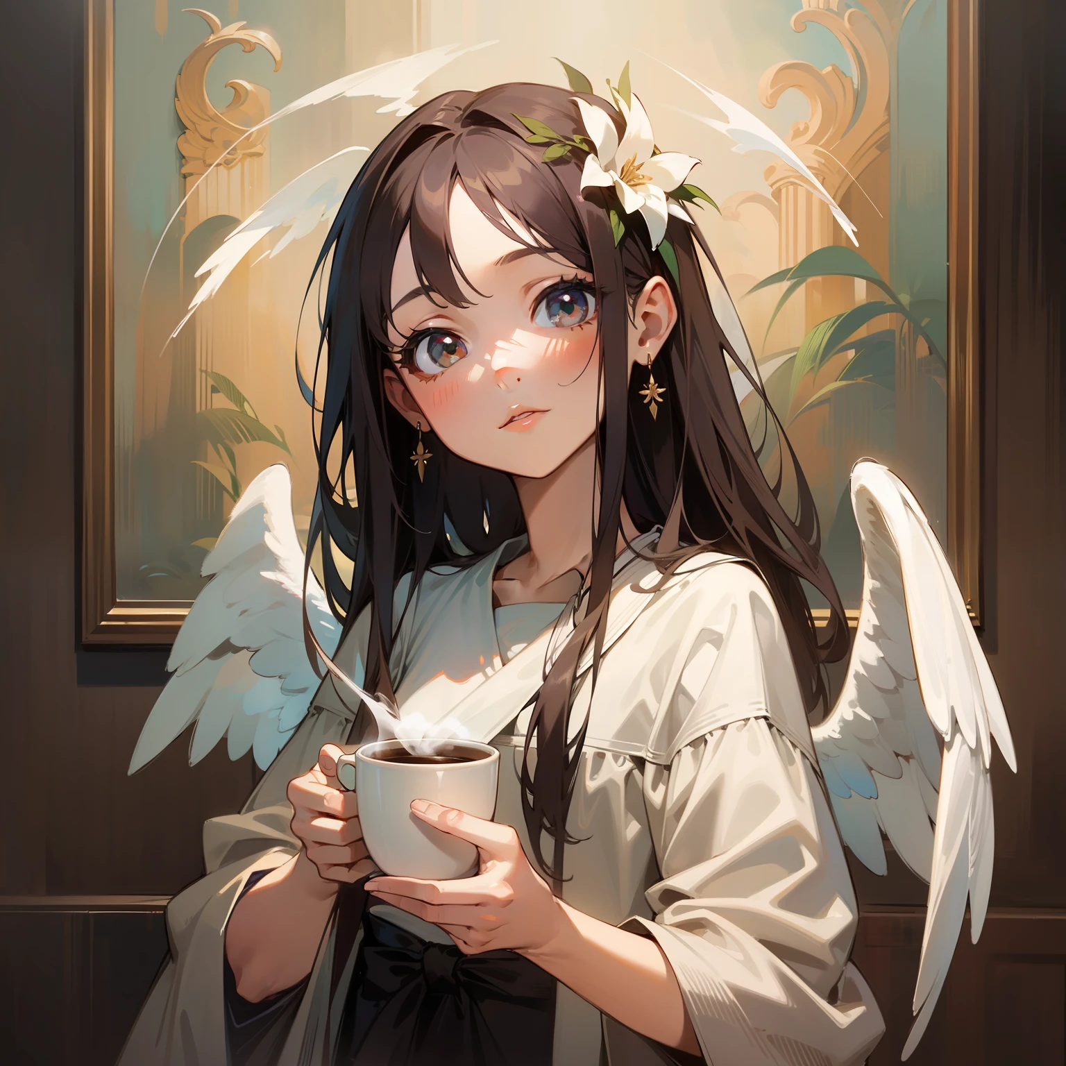 painting of a little girl with a cup of coffee and angel wings, of an beautiful angel girl, beautiful angel, angel girl, of beautiful angel, portrait of a beautiful angel, beautiful angel girl portrait, angelic, angelical, dark angel of coffee, winged girl angel, adorable digital painting, angel-themed, angel, beautiful female angel, young wan angel