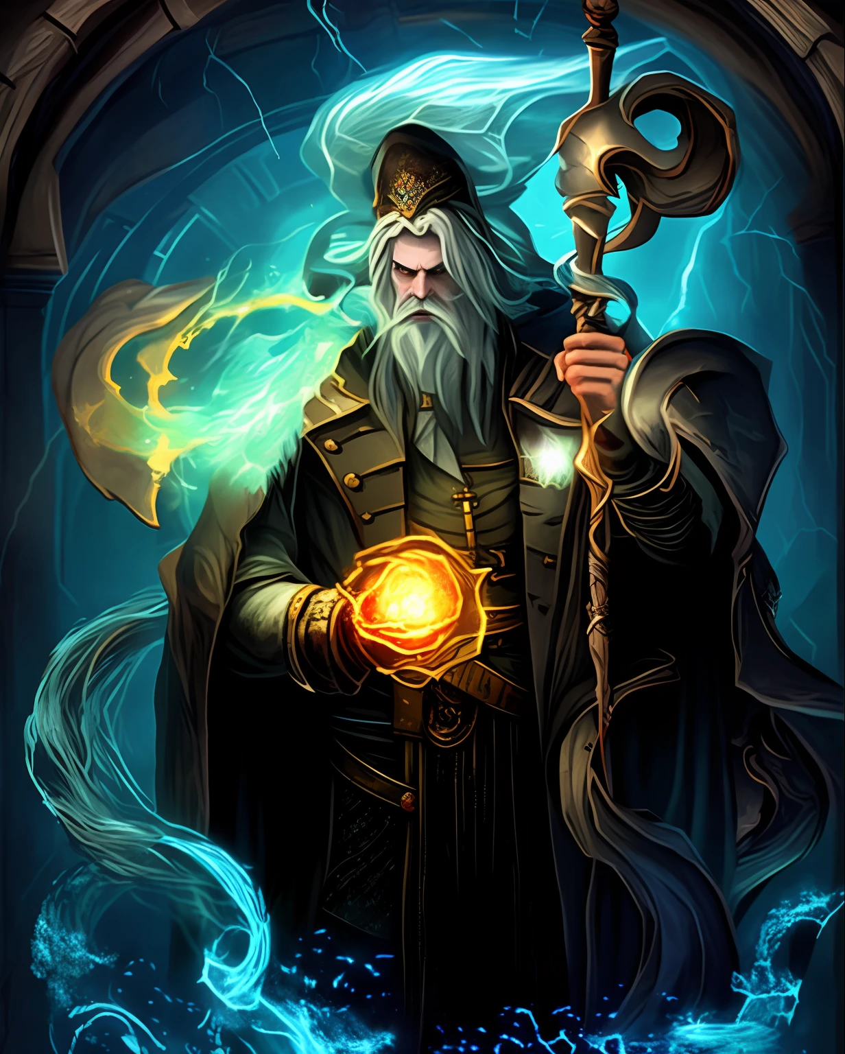 a close up of a cartoon of a man with a staff, portrait of the old necromancer, old male archmage, eldritch god, an arcane wizard casting a spell, lich vecna (d&d), old male warlock, epic exquisite character art, arcane concept art, portrait of a male hydromancer, portrait of a mage --auto