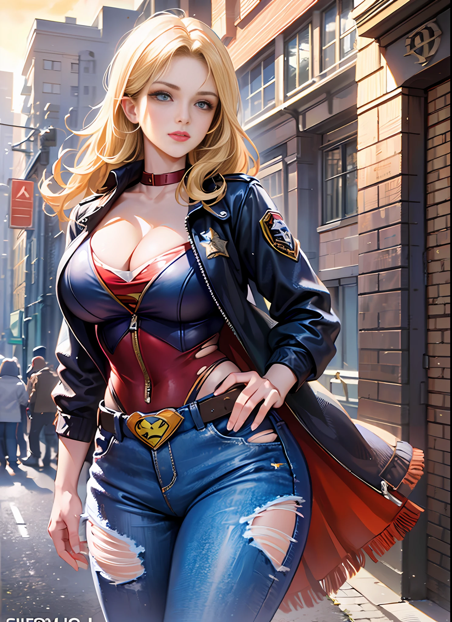 super realistic, 8k, masterpiece, high definition, cinematic, 1950s western, movie poster, waistless pistol beauty, sheriff, blonde white woman, sheriff lot, cleavage, torn jacket with superman letter S, torn pants, confronting the villains, foal in waist holster, (title), stunning lighting, 3d rendering, western street corner, superman S symbol in the background.