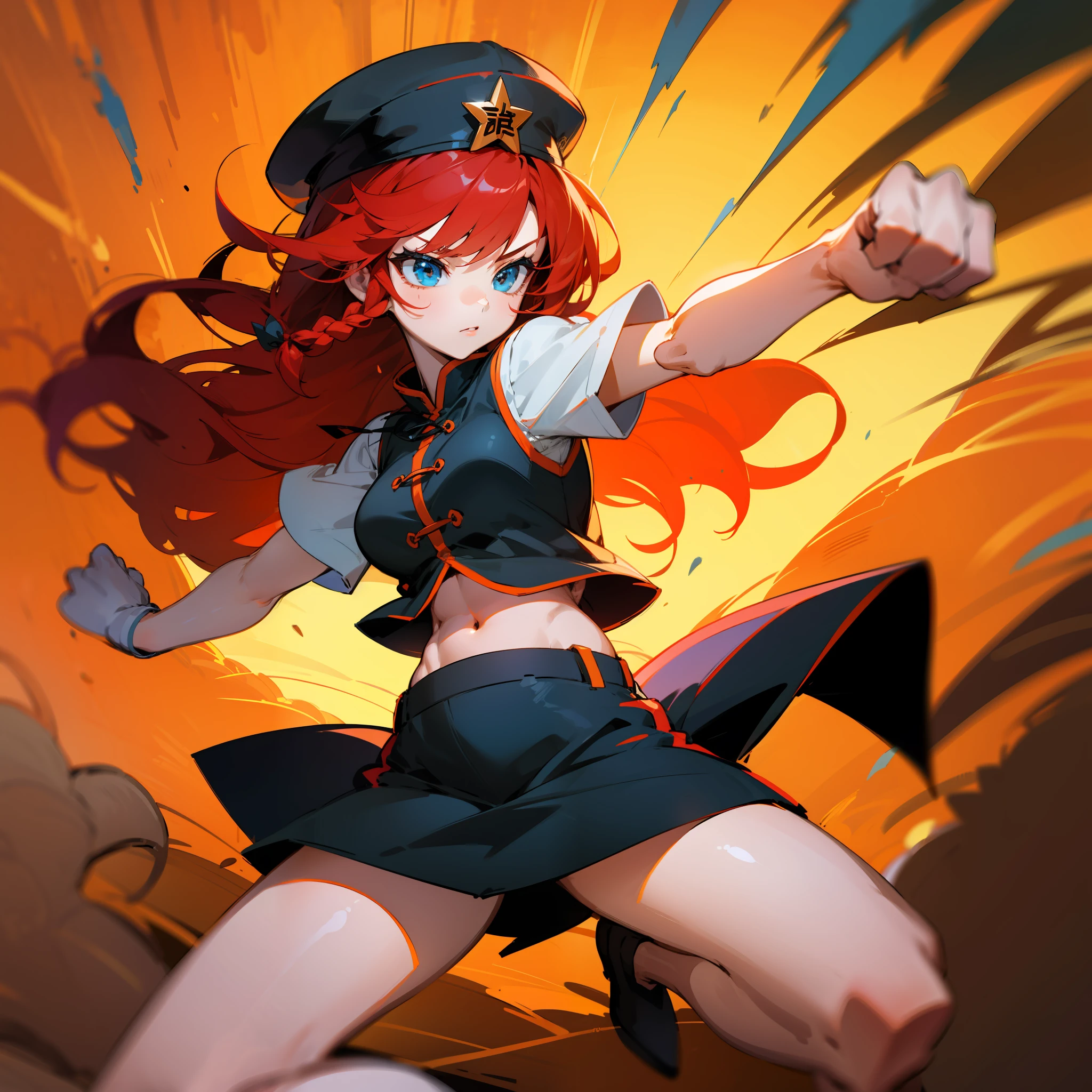 masterpiece, detailed drawing, 4K, 8K, 12K, high quality, image This is a red-haired woman punching something white and grey, one girl, Hong Mei Lin, solo, long hair, hat, red hair, star (symbol), braid, navel, blue eyes, kick, blue hat, twin blades, skirt, star hat ornament, short sleeves, shirt, white shirt