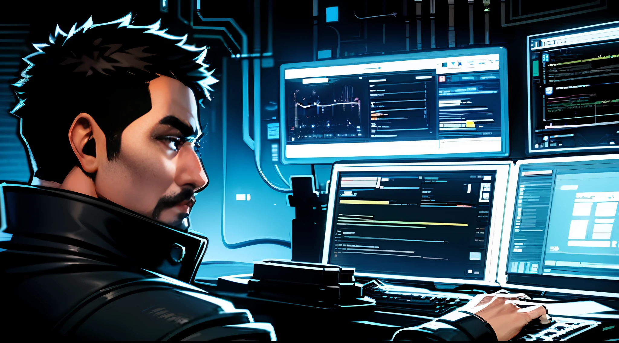 there is a man that is sitting at a computer desk, portrait of adam jensen, avatar image, star citizen digital art, finnian macmanus, hacknaut cyberpunk, background artwork, art depicting control freak, cyberpunk illustration, shadowrun splash art, cyberpunk hacker, cyber noir, cyberpunk artstyle, concept art of tony stark, cyberpunk themed art, cyber style