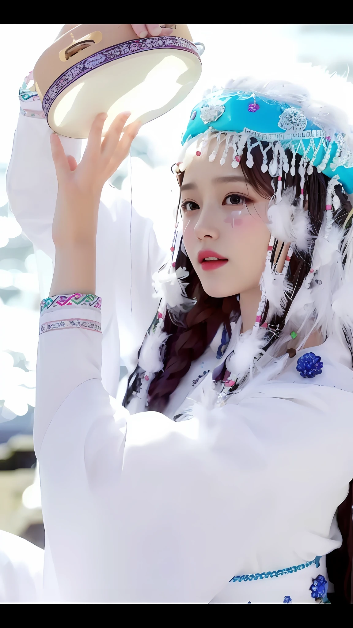araffe woman in a white dress and a hat with feathers, aesthetic!!!!!! female genie, beautiful young wind spirit, ruan jia beautiful!, inspired by Huang Ji, white hanfu, inspired by Song Maojin, palace , a girl in hanfu, inspired by Lü Ji, dilraba dilmurat, inspired by Shao Mi, beautiful south korean woman