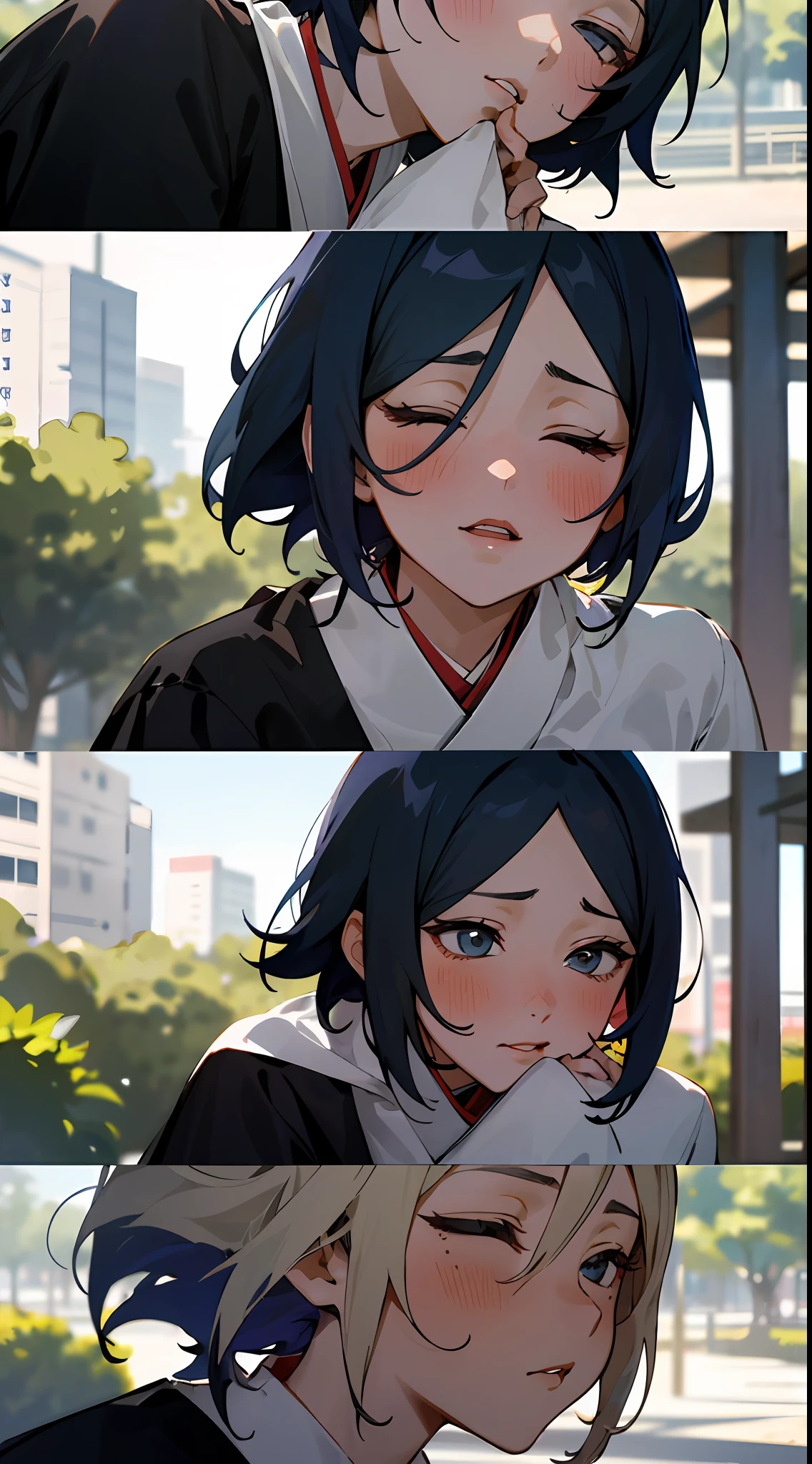 ((masterpiece, best quality)), ((2girls kissing passionately)), Rukia and Inue de Bleach, Japanese city park