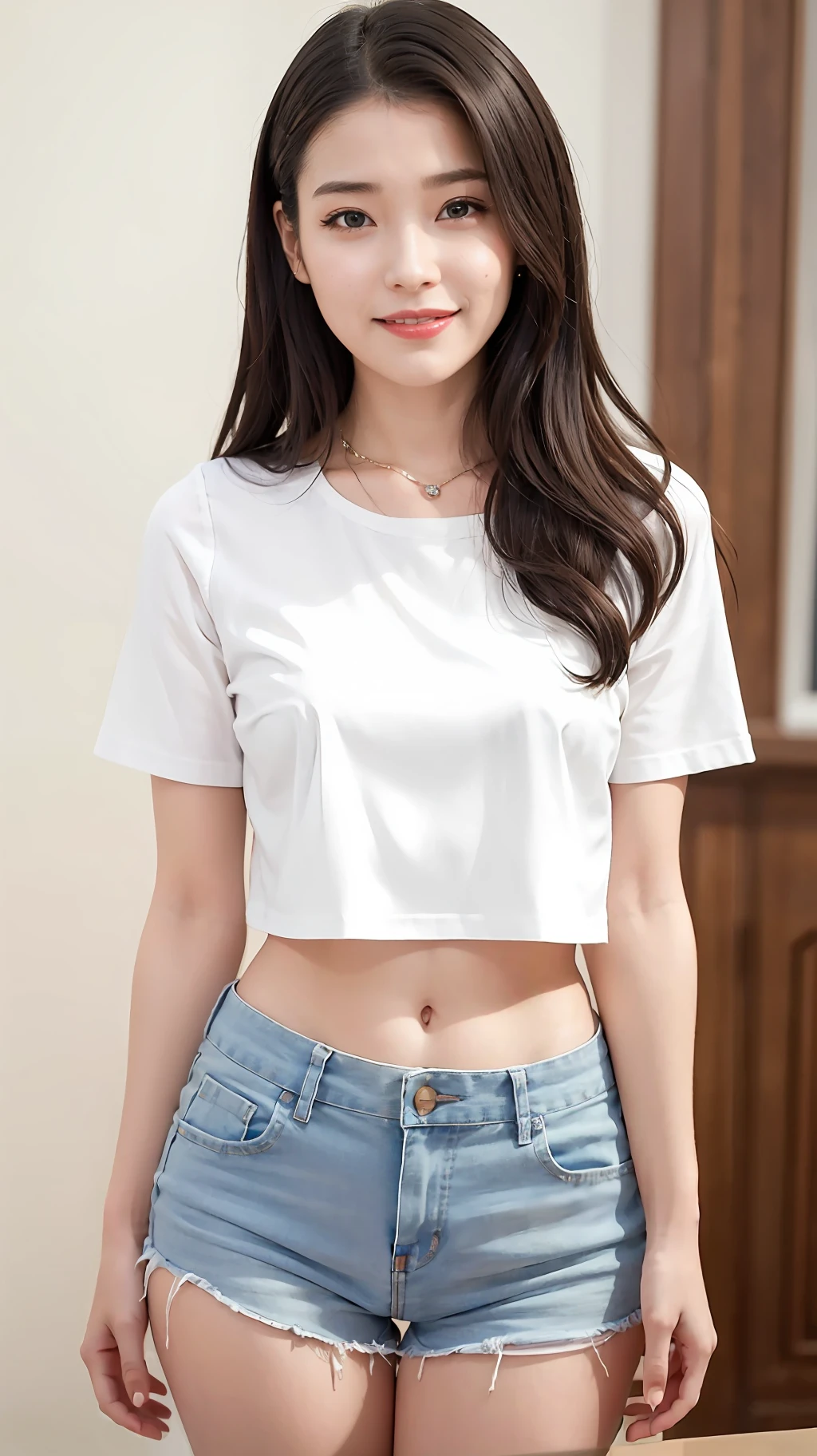 A beautiful and moving royal sister, hot hot pants, super small T-shirt, open waist, open chest, medium chest, sapphire necklace, highest quality, masterpiece, smile