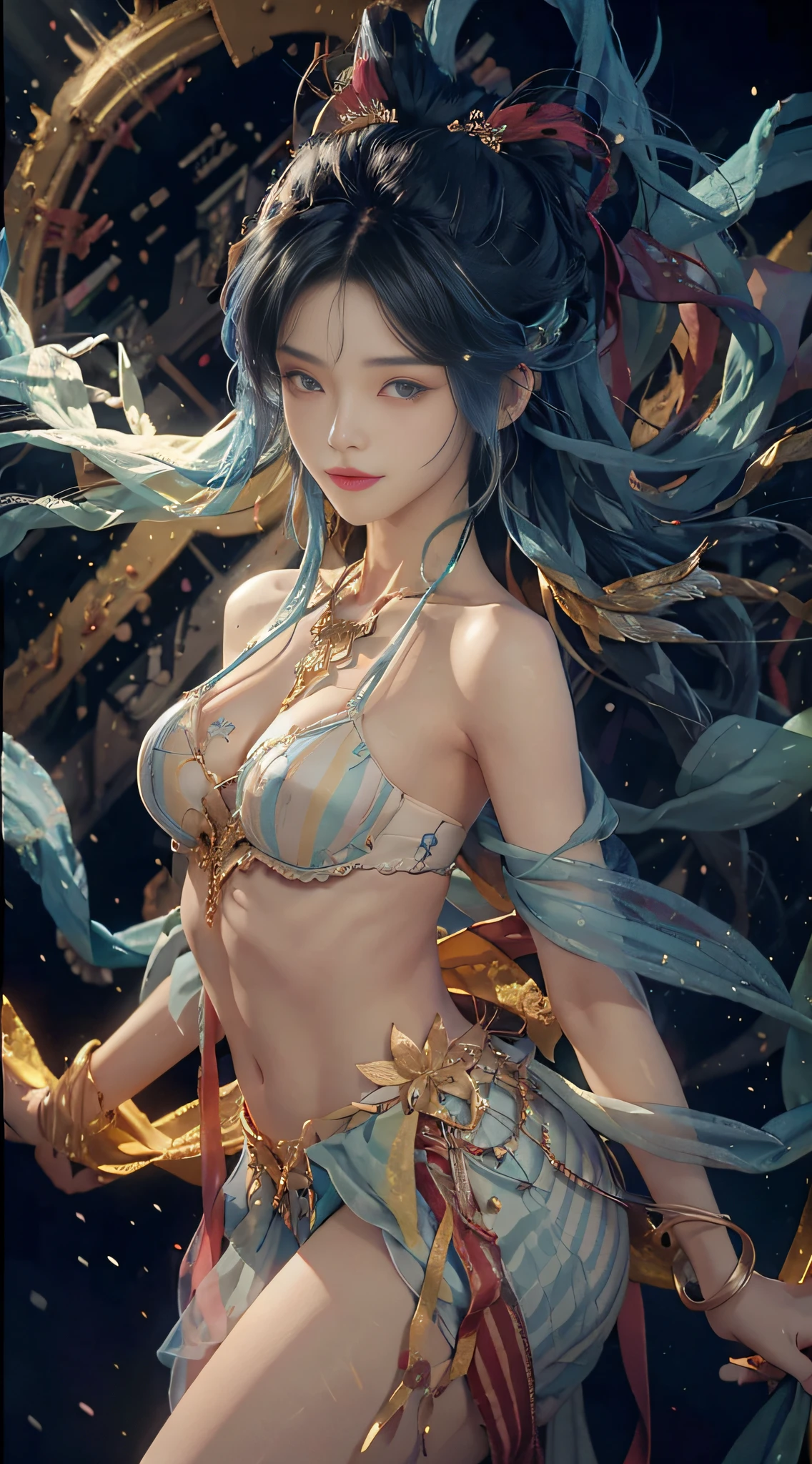 1 girl, hoodie, blue hair, extra long hair, bare shoulders, feather hair ornament, headphones around the neck, city, night, outdoor (transparent lingerie), (dynamic pose), (random costume), ((masterpiece)), (best quality))), (super detailed), (illustration), (dynamic angle), ((floating)), (paint), ((loose hair)), (solo), (1girl), (detailed anima face))), (( detailed anima face))), ( Beautiful detailed face)), ((colored hair)), ((striped hair)), (gradient eyes), (colored eyes))), (white cloud background))), (high saturation))), ((surrounded by colorful splashes))), ultra-detailed, beautiful and aesthetic, masterpiece, best quality, most beautiful forms of chaos, elegant, atmospheric, ecstatic notes, flow notes visible, ((solo)), ((looking_at_viewer)), cg society, plasticien, ((black long hair)), ((beautiful woman)), (Smile), y lingerie, lingerie, mermaid
