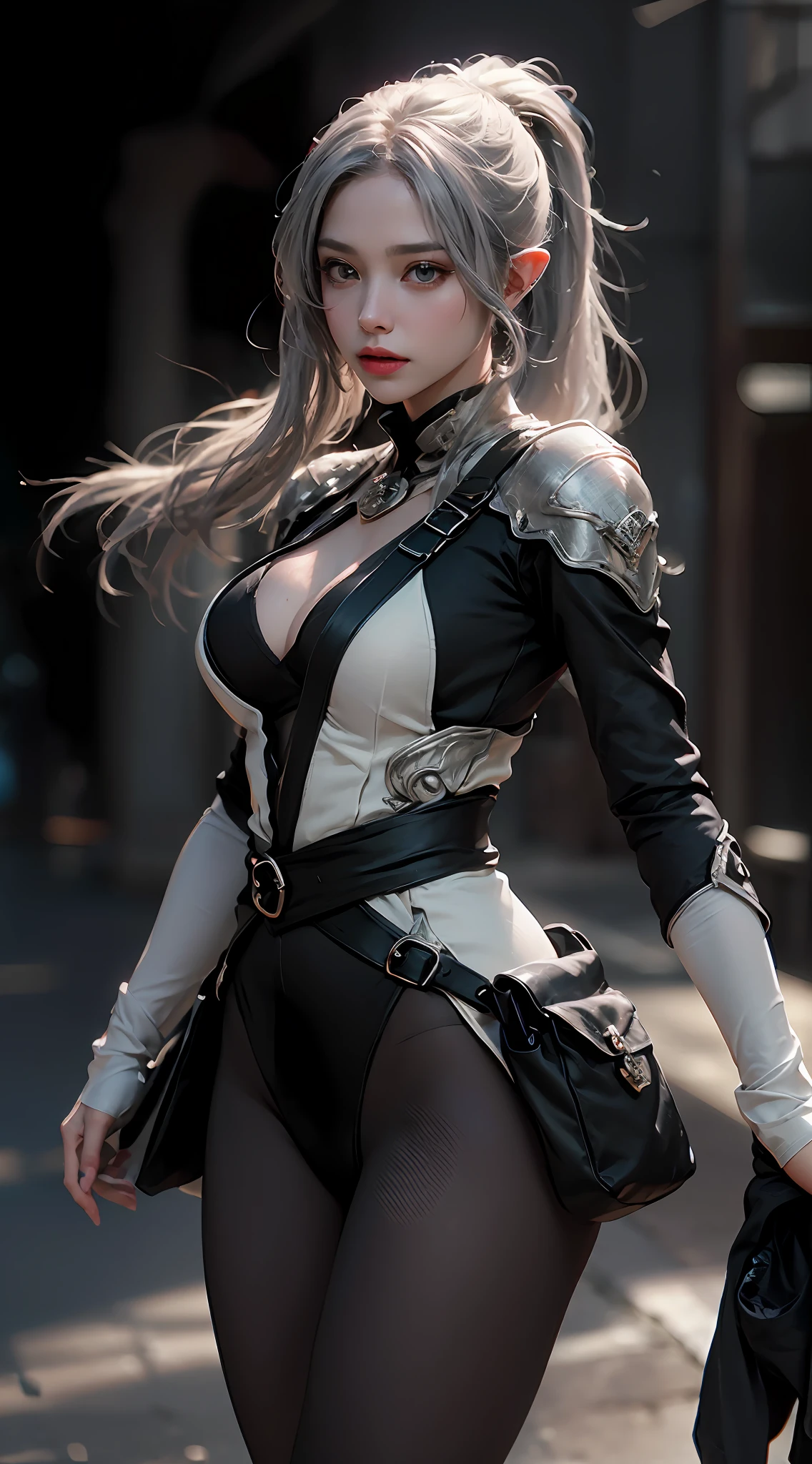 ((Best Quality)), ((Masterpiece)), (Details: 1.4), 3D, A Beautiful Elven Female Figure, (Tights: 1.4) (Silver Hair, High Ponytail: 1.4) (Western European Fantasy Background: 1.4) (Fantasy Wind) HDR (High Dynamic Range), Ray Tracing, NVIDIA RTX, Super-Resolution, Unreal 5, Subsurface Scattering, PBR Texture, Post-processing, Anisotropic Filtering, Depth of Field, Maximum Clarity and Clarity, Multi-layer Textures, Albedo and Specular Mapping, Surface Coloring, Accurate Simulation of Light-Material Interactions, Perfect Proportions, Octane Render, Bicolor Light, Large Aperture, Low ISO, White Balance, Rule of Thirds, 8K RAW,