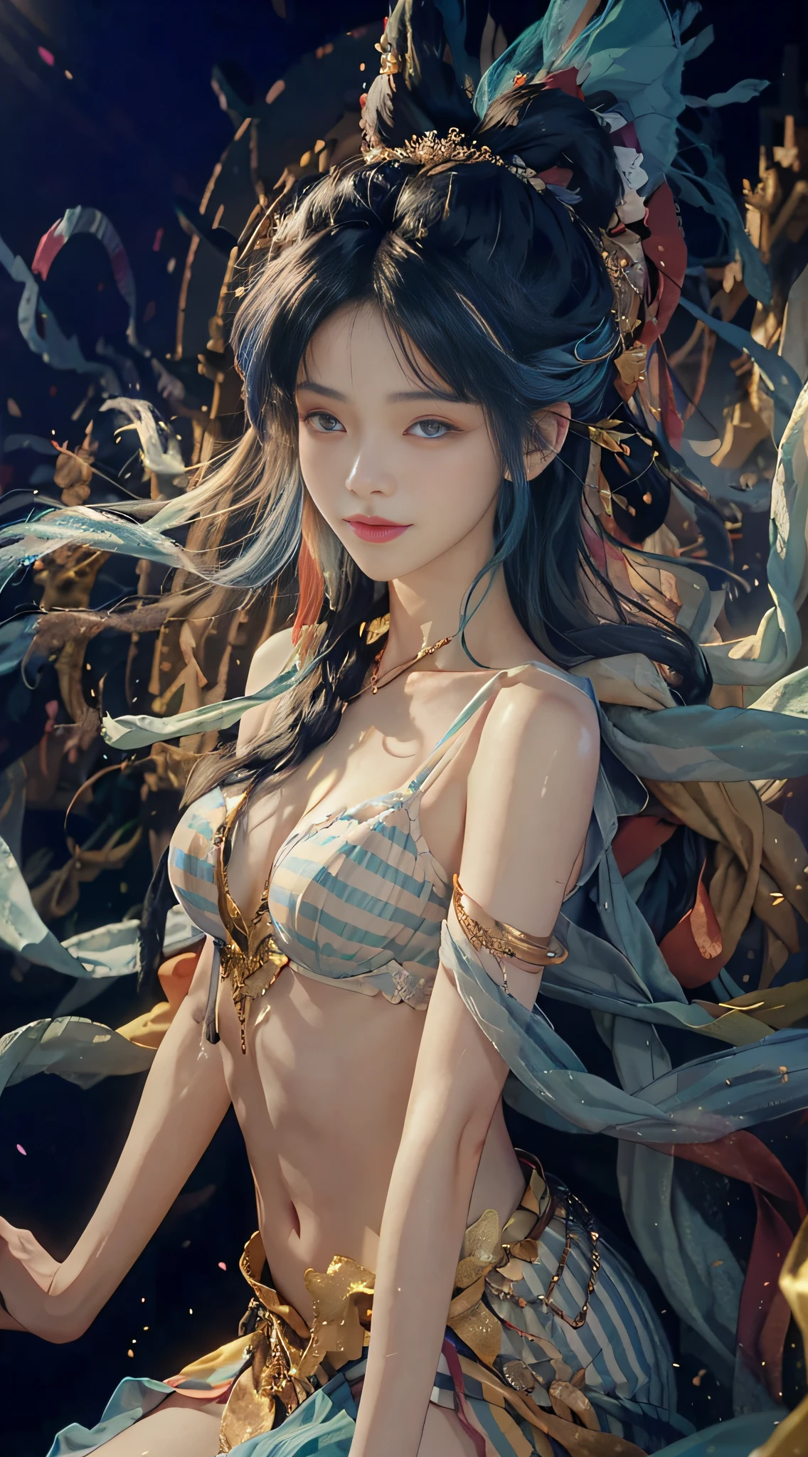 1 girl, hoodie, blue hair, extra long hair, bare shoulders, feather hair ornament, headphones around the neck, city, night, outdoor (transparent lingerie), (dynamic pose), (random costume), ((masterpiece)), (best quality))), (super detailed), (illustration), (dynamic angle), ((floating)), (paint), ((loose hair)), (solo), (1girl), (detailed anima face))), (( detailed anima face))), ( Beautiful detailed face)), ((colored hair)), ((striped hair)), (gradient eyes), (colored eyes))), (white cloud background))), (high saturation))), ((surrounded by colorful splashes))), ultra-detailed, beautiful and aesthetic, masterpiece, best quality, most beautiful forms of chaos, elegant, atmospheric, ecstatic notes, flow notes visible, ((solo)), ((looking_at_viewer)), cg society, plasticien, ((black long hair)), ((beautiful woman)), (Smile), sexy lingerie, lingerie, mermaid