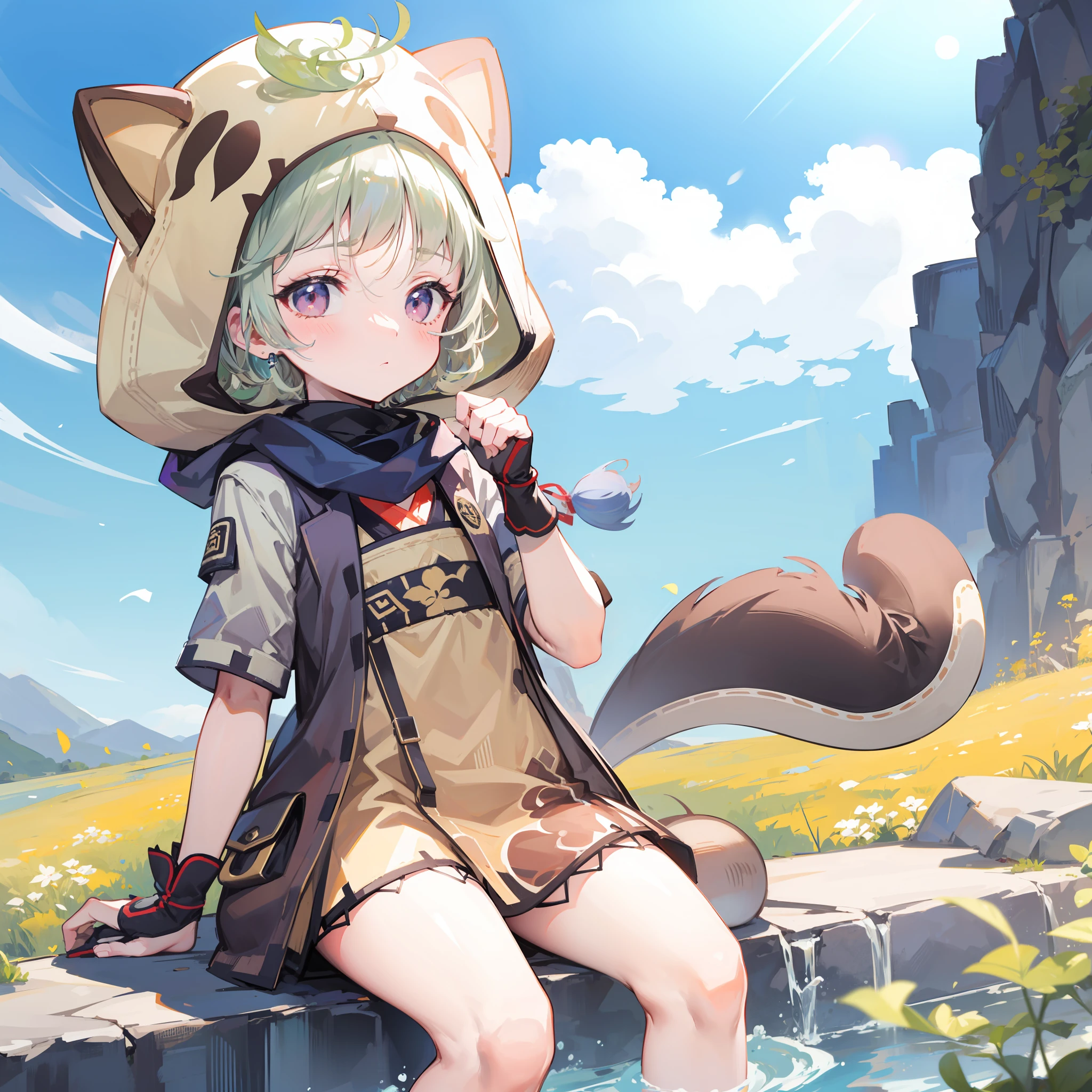 blush, outdoors, daytime, simple background, blue sky, wavy hair, sky, looking at the audience , very cute expression, small short legs, avatar,