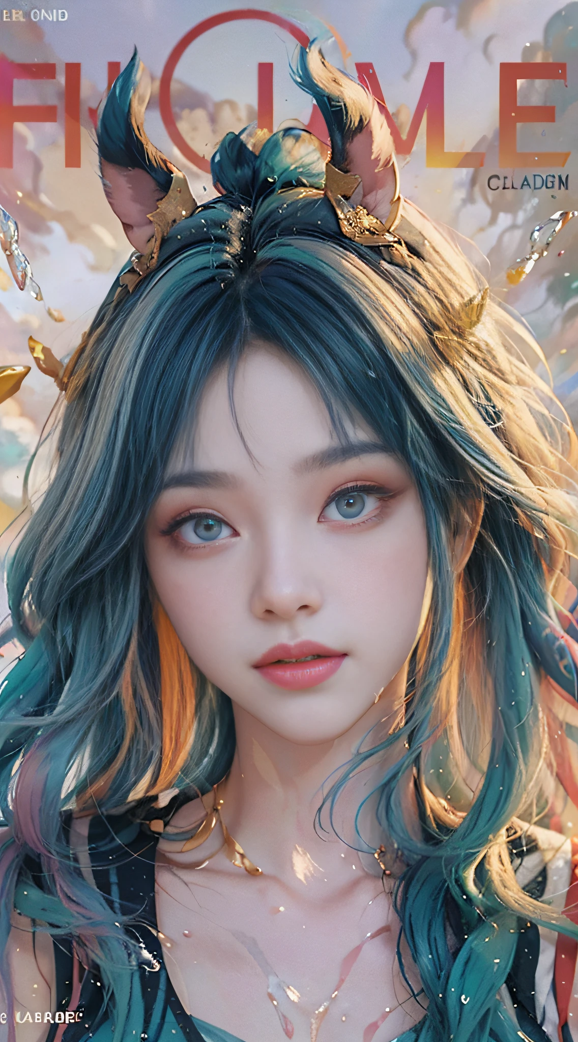 ((Beautiful detailed face)),((Colored hair)),((Striped hair)),(Gradient eyes),(Colored eyes)))),(White Cloud background))),(High saturation))),((Surrounded by colorful splashes))),((Magazine cover)),