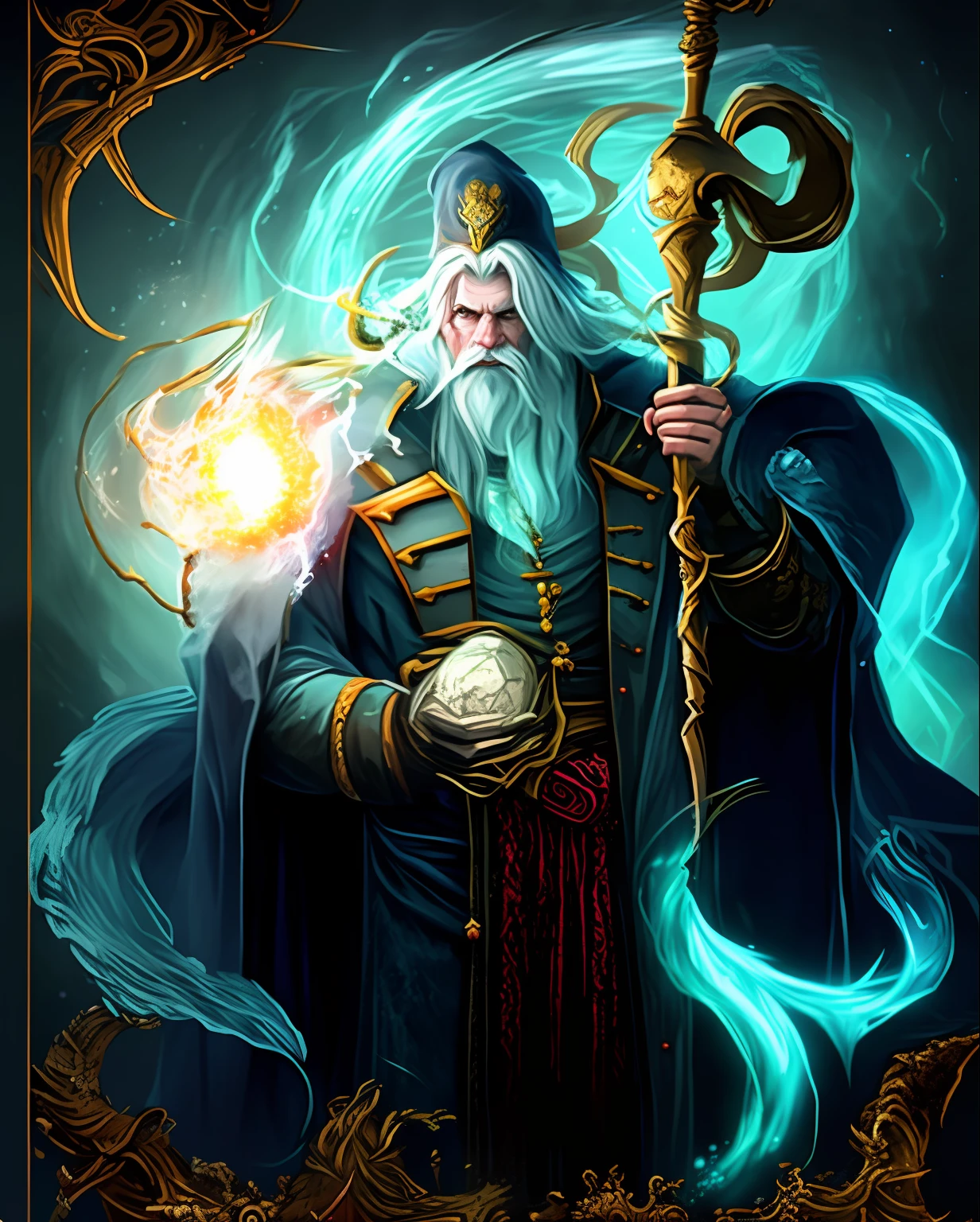 a close up of a cartoon of a man with a staff, portrait of the old necromancer, old male archmage, eldritch god, an arcane wizard casting a spell, lich vecna (d&d), old male warlock, epic exquisite character art, arcane concept art, portrait of a male hydromancer, portrait of a mage --auto