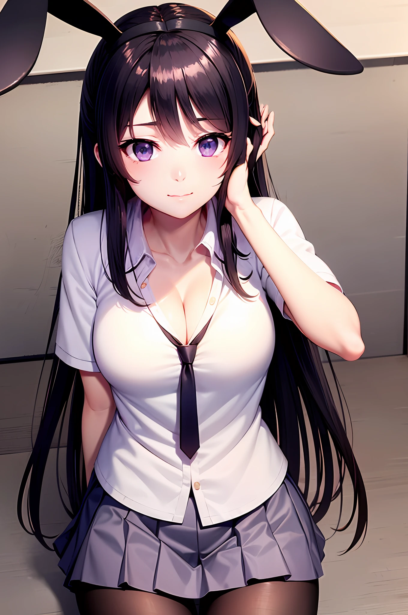 School uniform, white shirt, pantyhose, pleated skirt, tie, rabbit ears, Mai sauce, faint smile, mid_breats, best quality