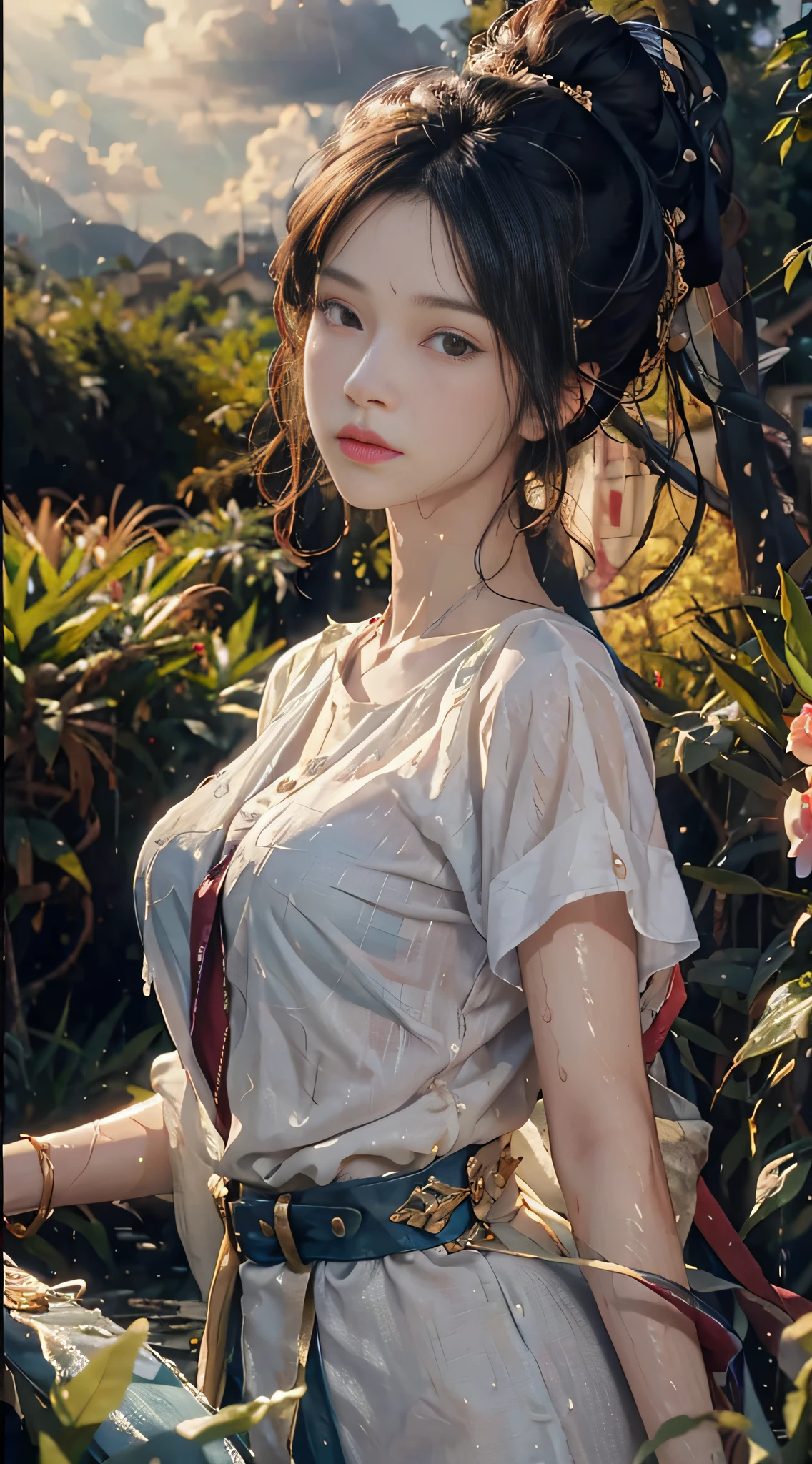 Walk on the winding roads of the countryside, big clouds, blue sky, rice fields, neat rice seedlings in the fields, forests, hillsides, secluded, countryside, HD detail, hyper-detail, cinematic, surrealism, soft light, deep field focus bokeh, ray tracing and surrealism. ((Best Quality, 8K, Masterpiece: 1.3)), Sharp: 1.2, Perfect Body Beauty: 1.4, Slim Abs: 1.2, ((Layered Hairstyle, Big Breasts: 1.2)), (Wet White Button Long Shirt: 1.1), (Rain, Street: 1.2), Wet: 1.5, Highly detailed face and skin texture, detailed eyes, double eyelids, side face looking at the camera