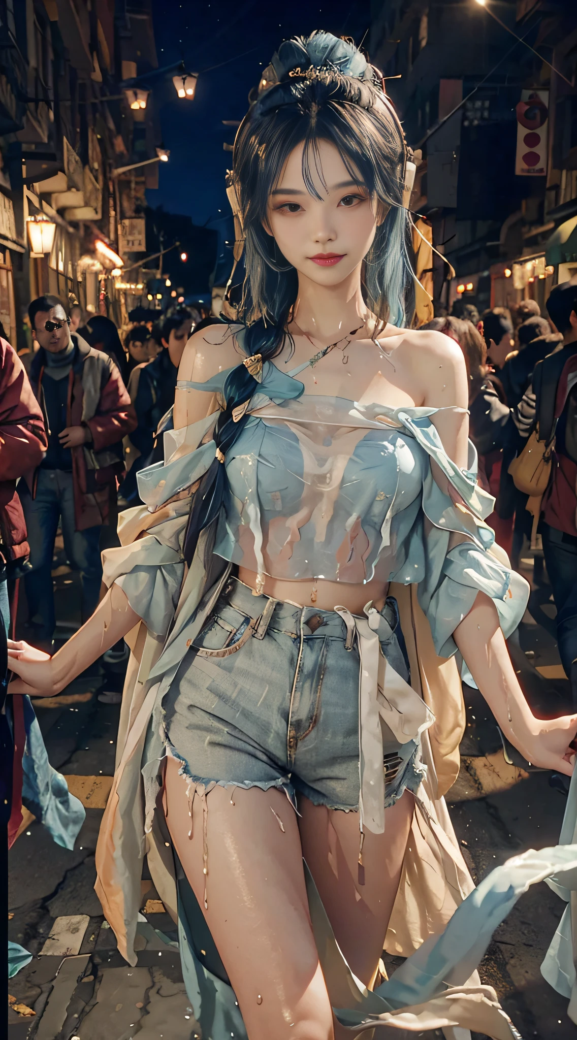 (smile: 1.3), focus: 1.2, perfect body: 1.4, buttocks: 1.2, (layered hairstyle, chest: 1.2)), (wet clothes: 1.1), (street: 1.3), shorts: 1.1, highly detailed face and skin texture, narrow eyes, double eyelids, whitening skin, long hair, hoodie, blue hair, extra-long hair, off-the-shoulder, feather hair ornaments, headphones on the neck, urban, night, outdoors