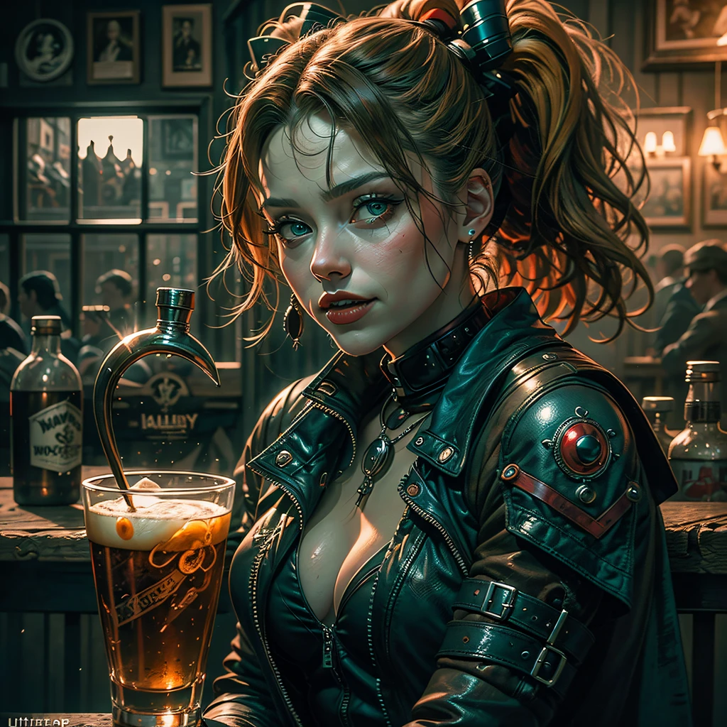 beautiful Harley Quin in a Irish pub, air above hair, wearing detailed Harley quin cloths, IPA award wining, masterpiece, ultimate lighting, art by top 5 artstation artists, ultrasharp focus, ultra high contrast, best postprocessing, artistic filters