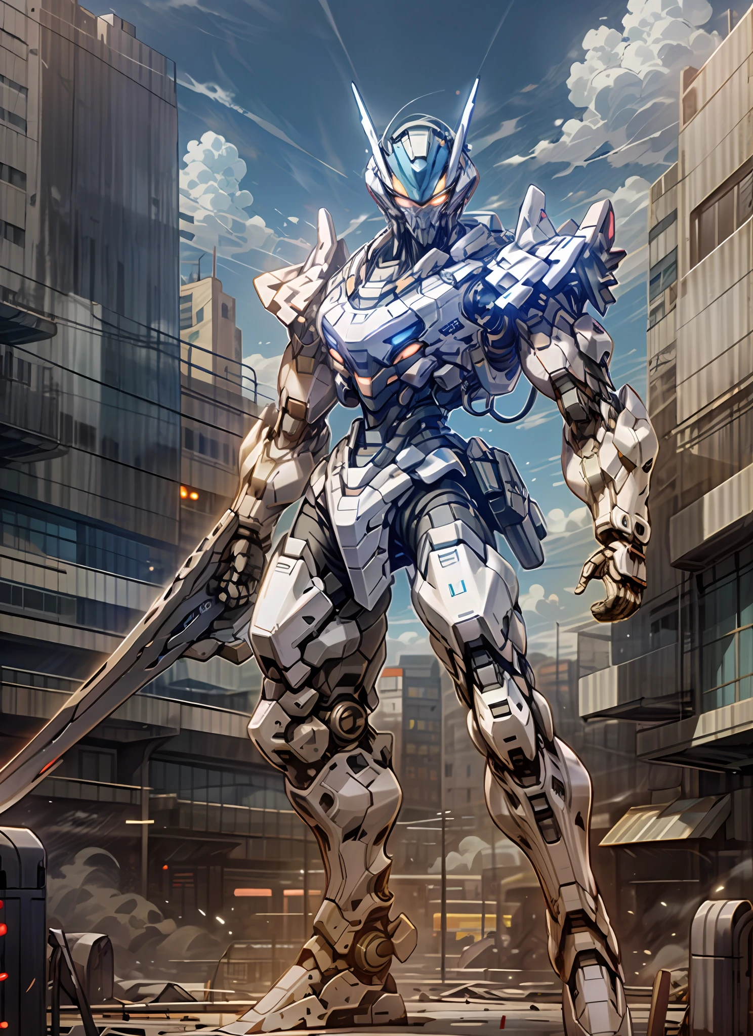 Sky, Clouds, holding_weapon, no_humans, Glow, Robot, Building, glowing_eyes, mecha, science fiction, city, reality, mecha, 3D, super realistic