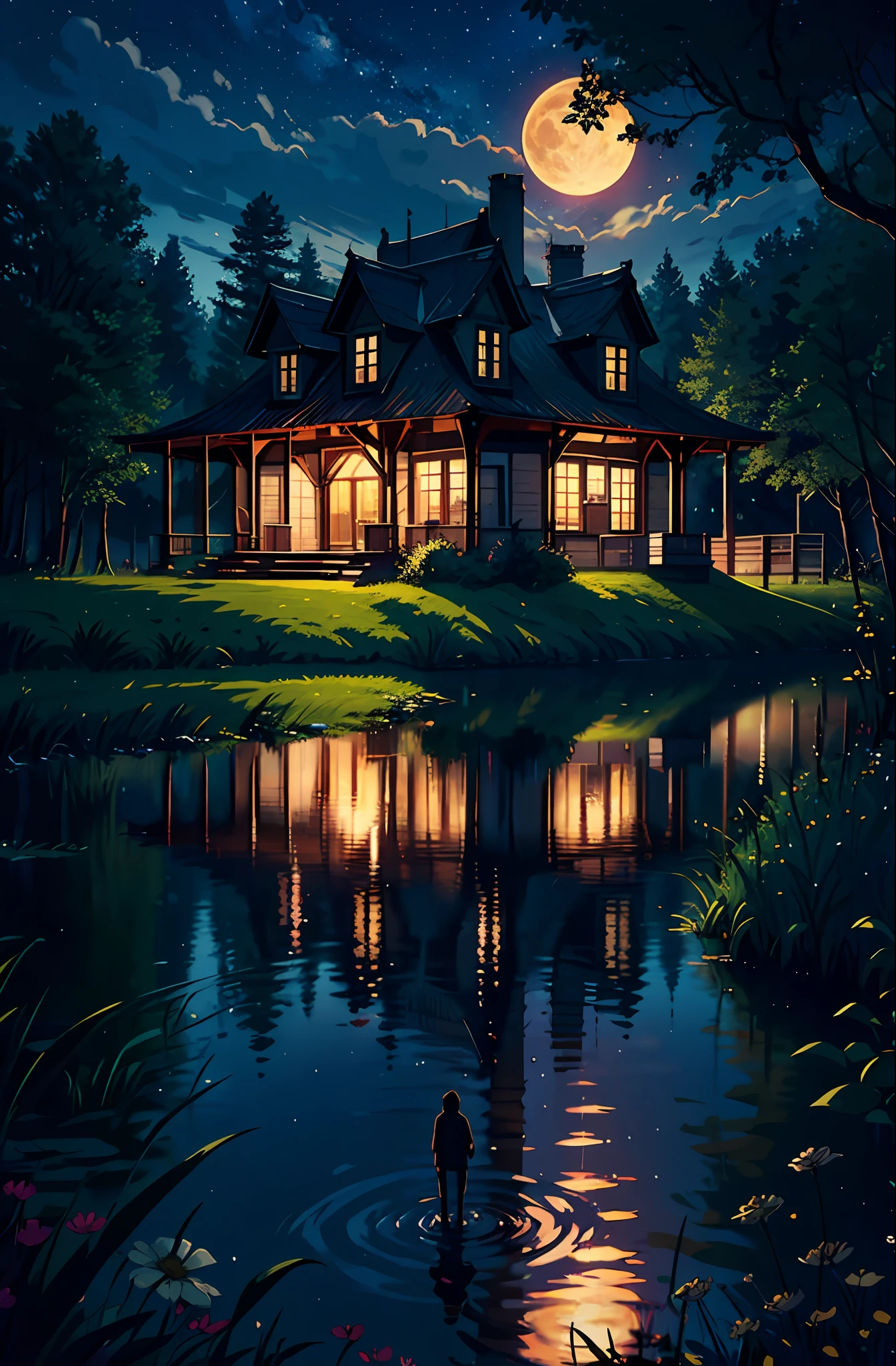 A movie scene, amazing night, full moon, reflection on the lake, starry sky, in the field, in the background trees, beautiful house, realistic, 8k --auto