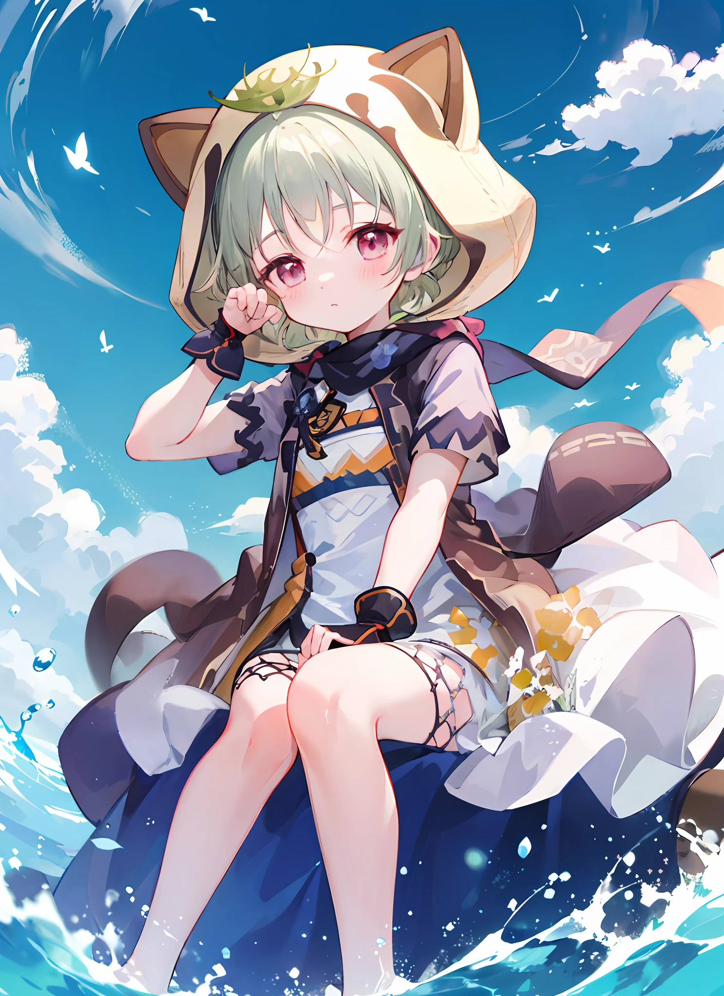 blush, outdoors, daytime, simple background, blue sky, rippled hair, sky, looking at the audience, loli, very cute expression, small short legs, avatar, toes, wedding dress,
