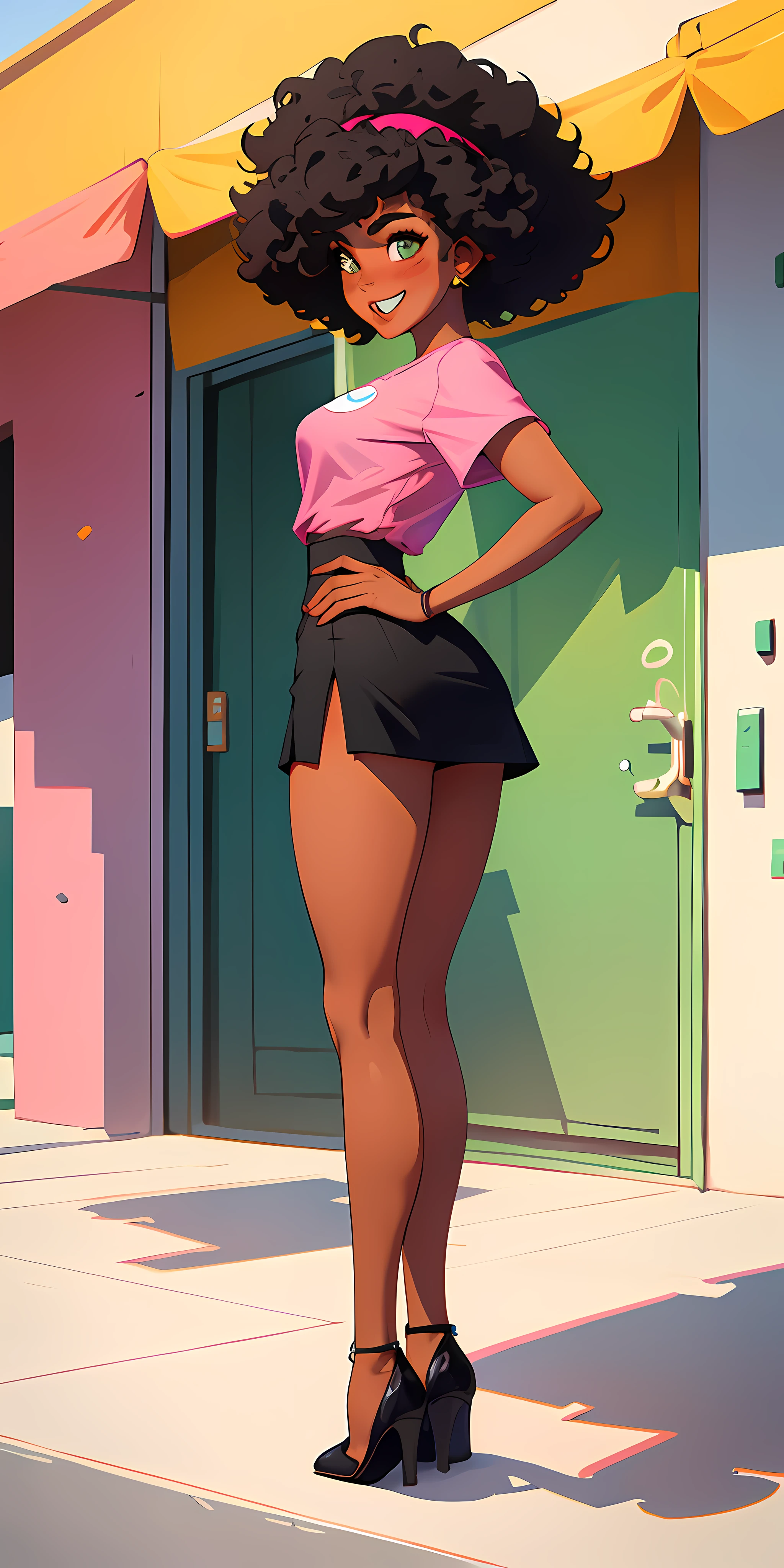 (masterpiece, best quality),1girl, sexy, big tits, big ass, small waist, black skin, nigerian, wide hips, full body, afro hair, wearing miniskirt, pink shirt, blushing, laughing, on a balcony
