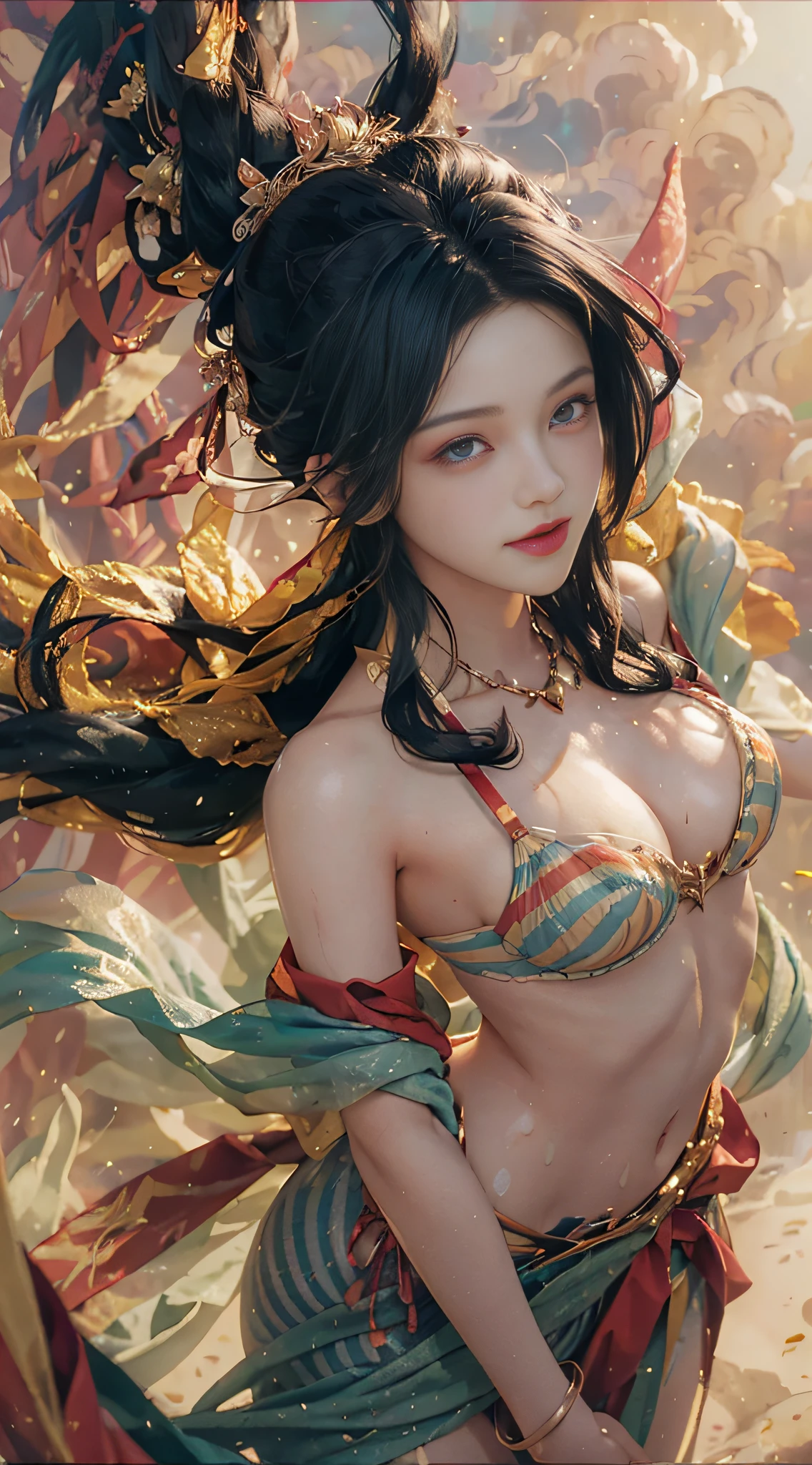 (from above), (transparent lingerie), (dynamic pose), (dynamic angle), (random costume), (((big breasts))), ((masterpiece)), ((best quality))), ((super detailed)), (illustration), (dynamic angle), ((floating)), (paint), ((loose hair)), (solo), (1girl), (detailed anima face))), ((beautiful detailed face)), ((colored hair)), ((striped hair)),,(gradient eyes),(colored eyes))),(white cloud background)))),((high saturation))),((surrounded by colorful splashes)))), ultra-detailed, beautiful and aesthetic, masterpiece, best quality, most beautiful forms chaotic, elegant, fauvist design, bright colors, romanticism, michal mraz, adrian gaini, petra cottwright, atmospheric, ecstatic notes, flow notes visible, ((solo)), (( looking_at_viewer)), CG society, plasticien, ((black long hair)), (beautiful woman)), (Smile), sexy lingerie, lingerie, mermaid