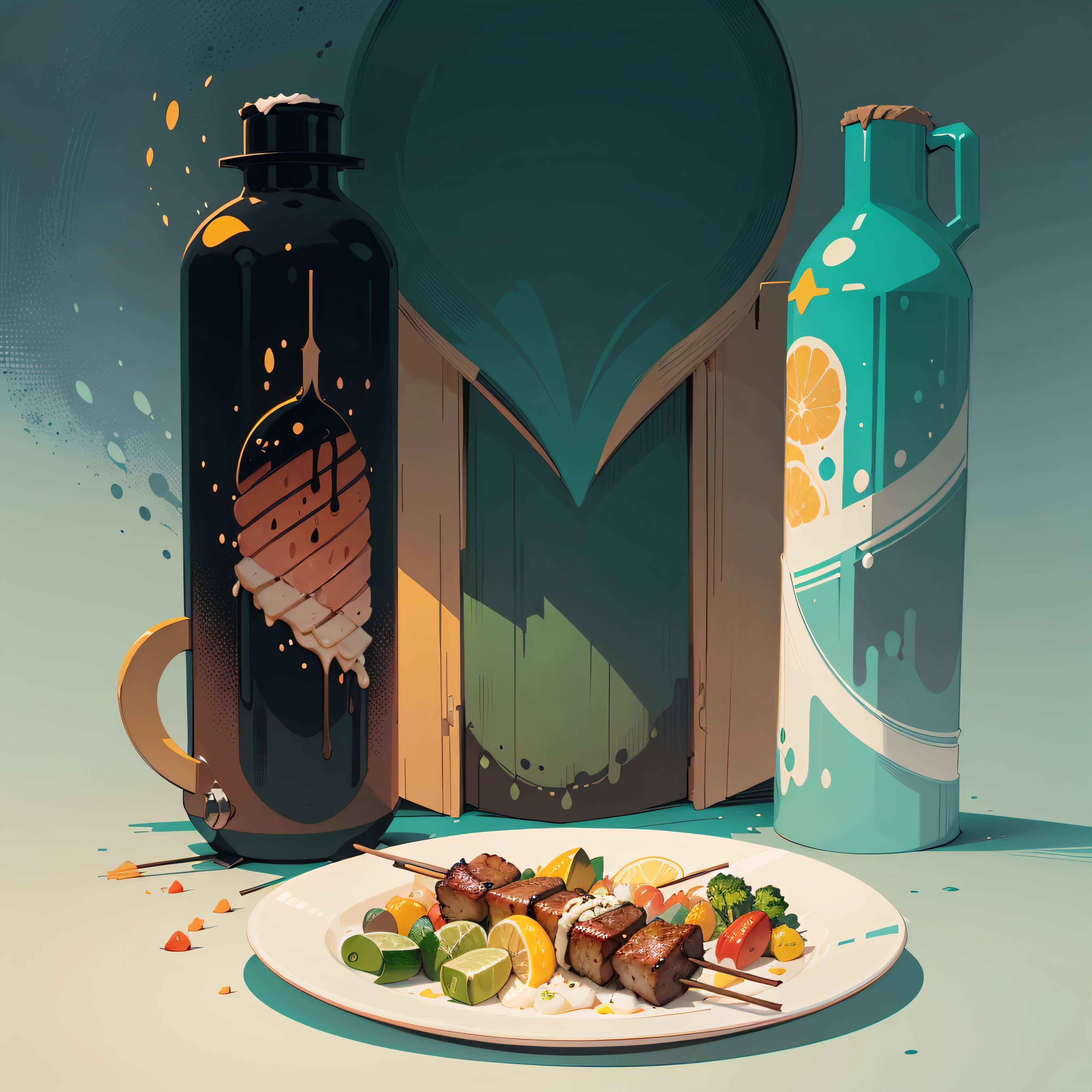 Imagine flat illustration, just one dish in the foreground and on the plate only two skewers of juicy vegetables and a skewer of juicy meat.. And seen in the background, off the plate, a glass of beer and a black pepper grinder, warm color, bright background, flat illustration, , attractive, beautiful, concept art, pop-art style, cheerful, colorful, interesting