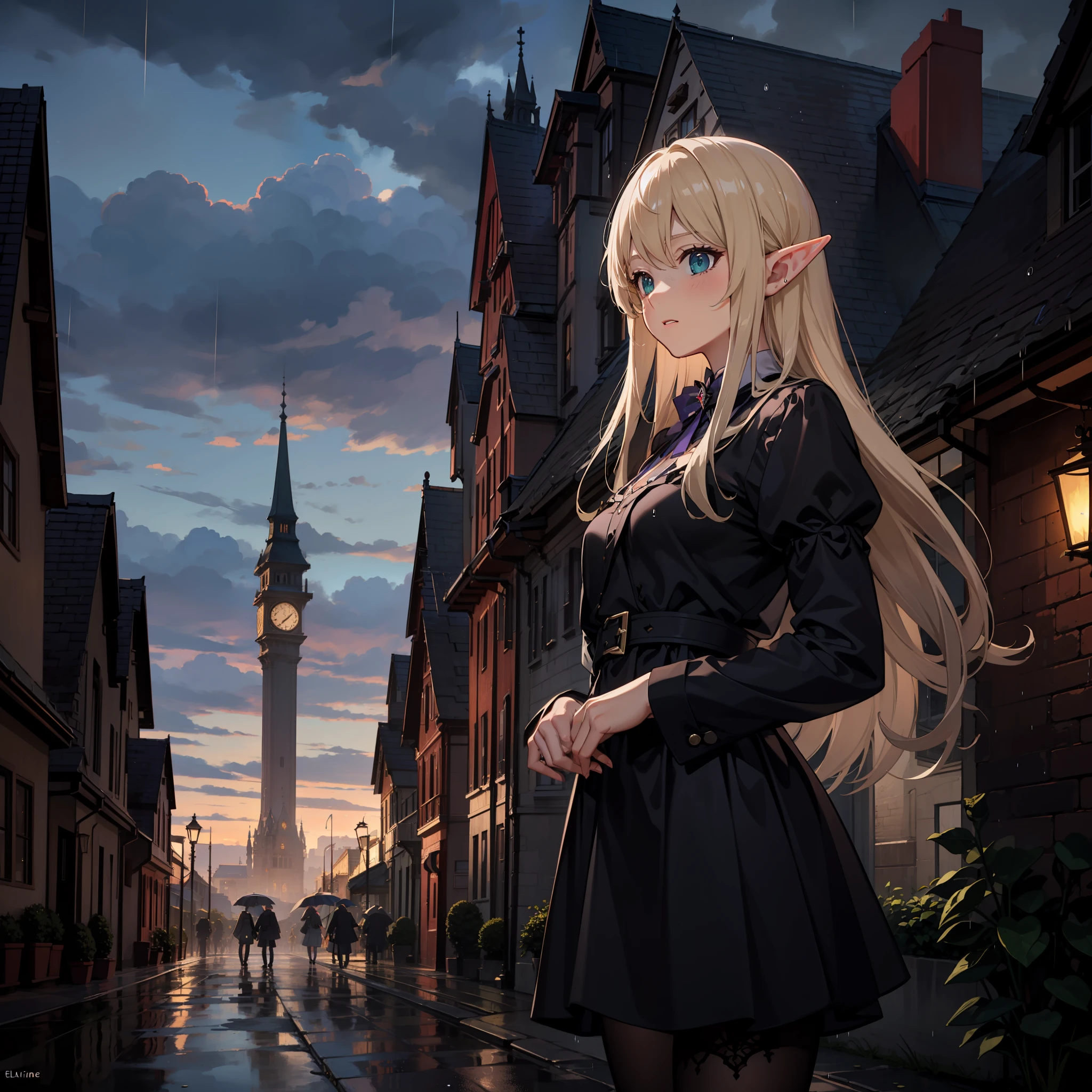 Divine Light, Sharp Focus, Elf, Elf Building, Elven City, Royal City, Stunning Landscape, Landscape, Landscape, Rain, Dark Fantasy, Suspense