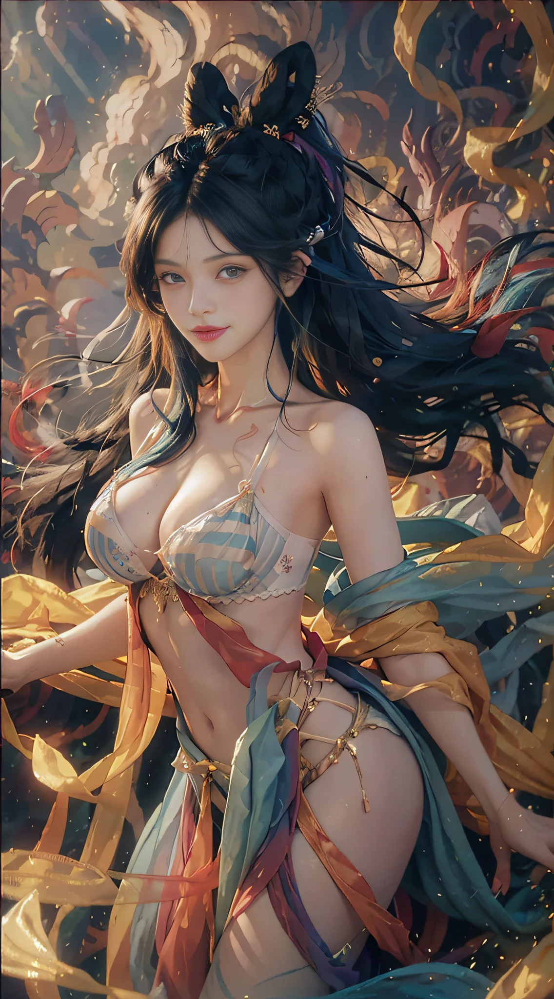 (from above), (transparent lingerie), (dynamic pose), (dynamic angle), (random costume), (((big breasts))), ((masterpiece)), ((best quality))), ((super detailed)), (illustration), (dynamic angle), ((floating)), (paint), ((loose hair)), (solo), (1girl), (detailed anima face))), ((beautiful detailed face)), ((colored hair)), ((striped hair)),,(gradient eyes),(colored eyes))),(white cloud background)))),((high saturation))),((surrounded by colorful splashes)))), ultra-detailed, beautiful and aesthetic, masterpiece, best quality, most beautiful forms chaotic, elegant, fauvist design, bright colors, romanticism, michal mraz, adrian gaini, petra cottwright, atmospheric, ecstatic notes, flow notes visible, ((solo)), (( looking_at_viewer)), CG society, plasticien, ((black long hair)), (beautiful woman)), (Smile), sexy lingerie, lingerie, mermaid